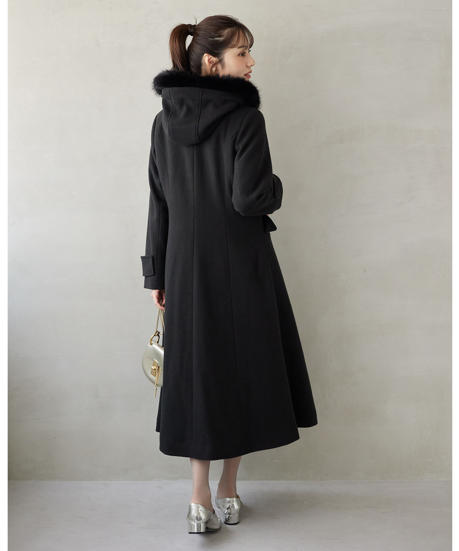 【新品タグ付き】soeur7ファー付きダブルブレストコート グレー ジュ RUIRUE BOUTIQUE フォックスファー付きケープコート(7号～15号