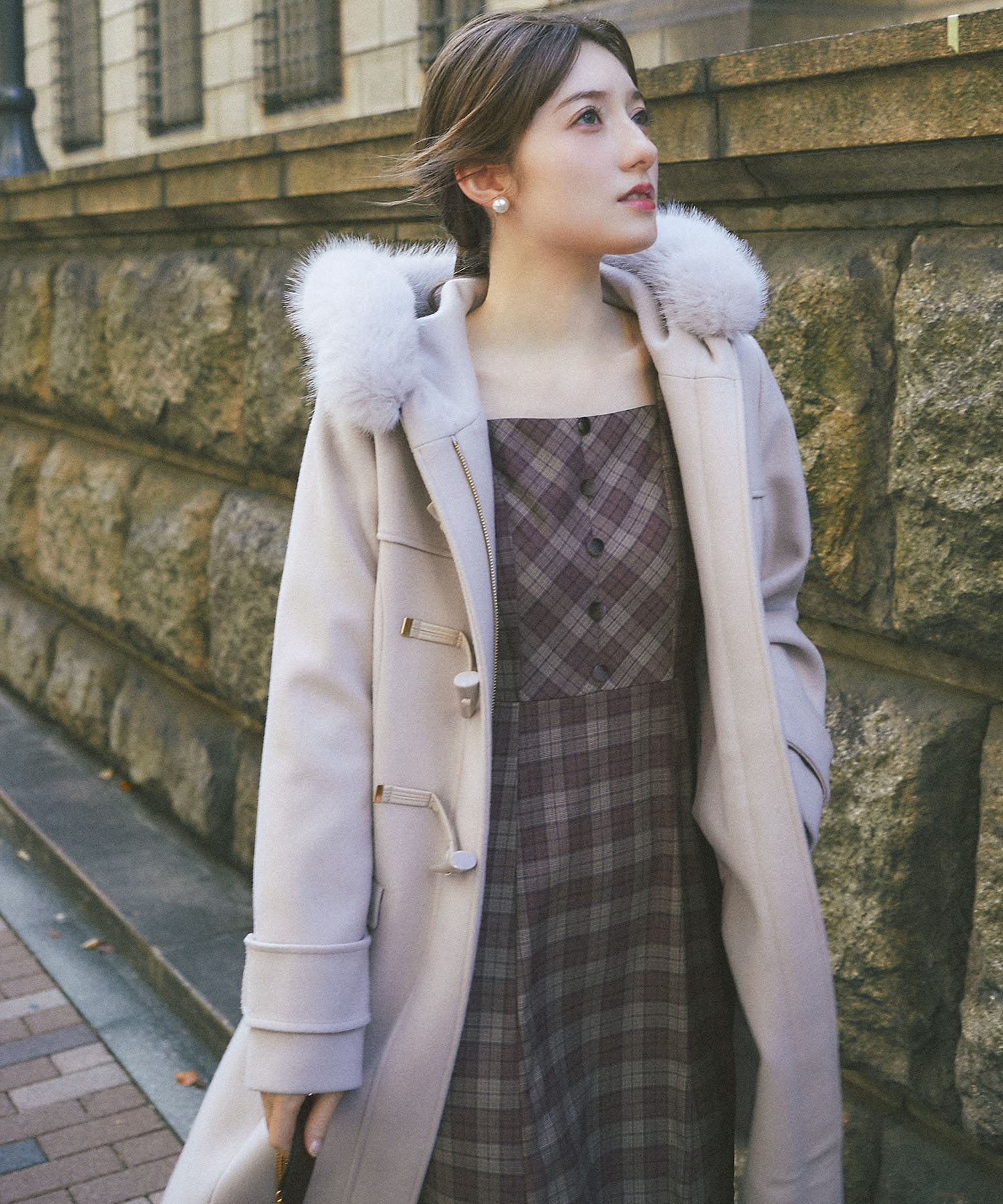 肩ベロアリボン付きチェックワンピース