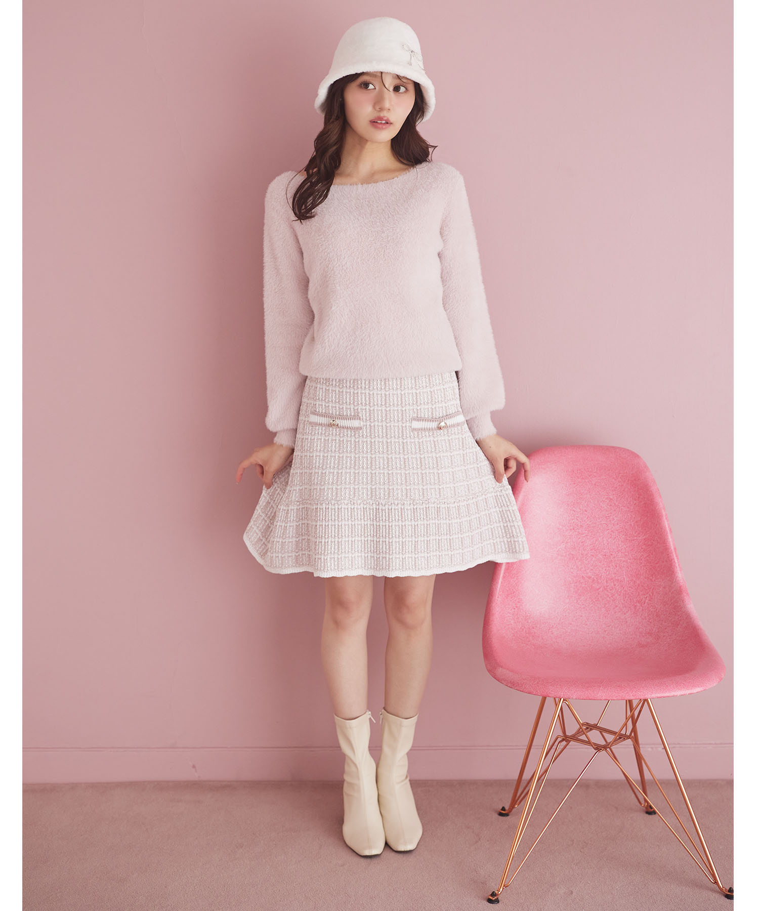 飾りポケット装飾ツイード風ニットミニスカート