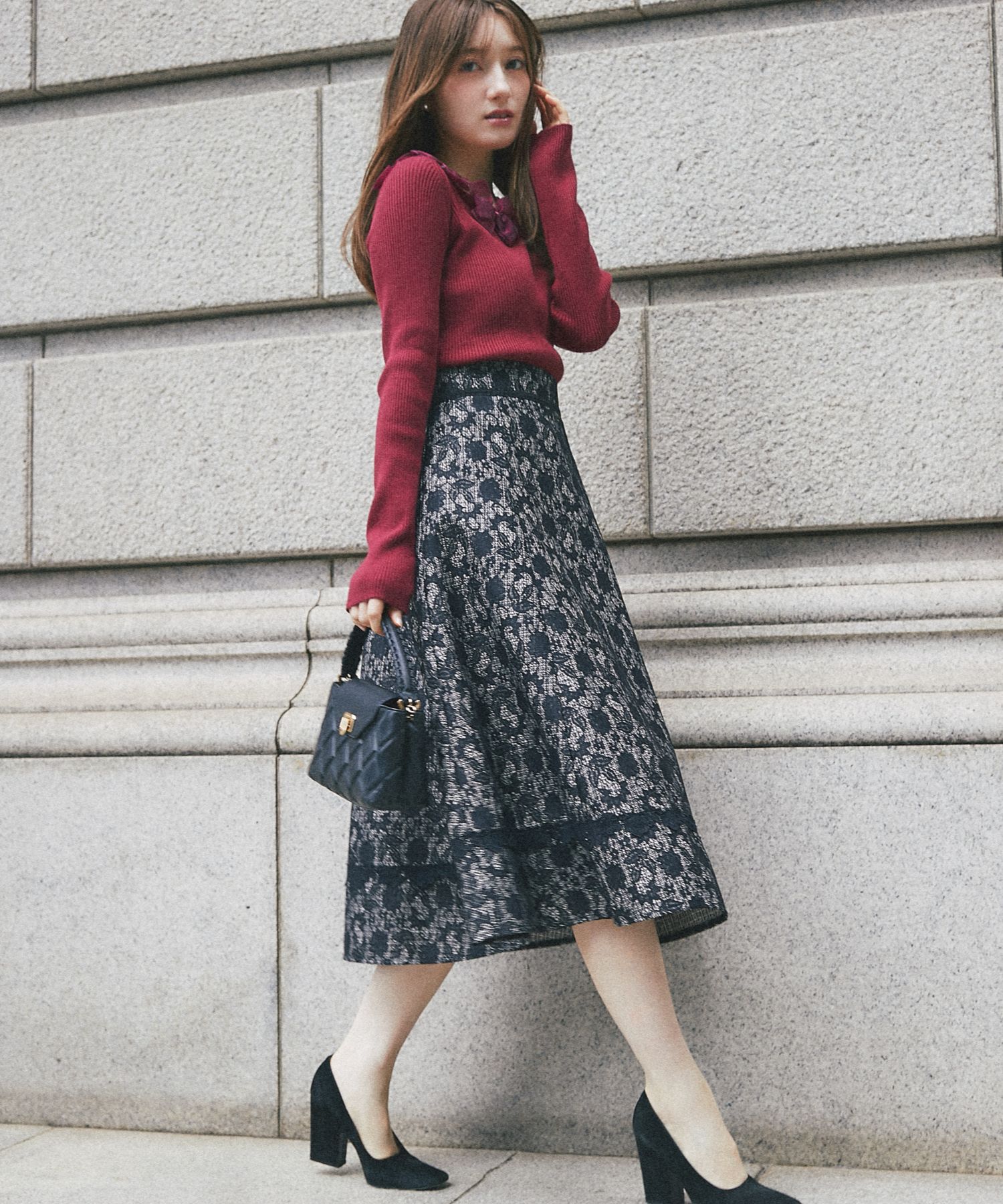 レースボンディングツイードフレアスカート