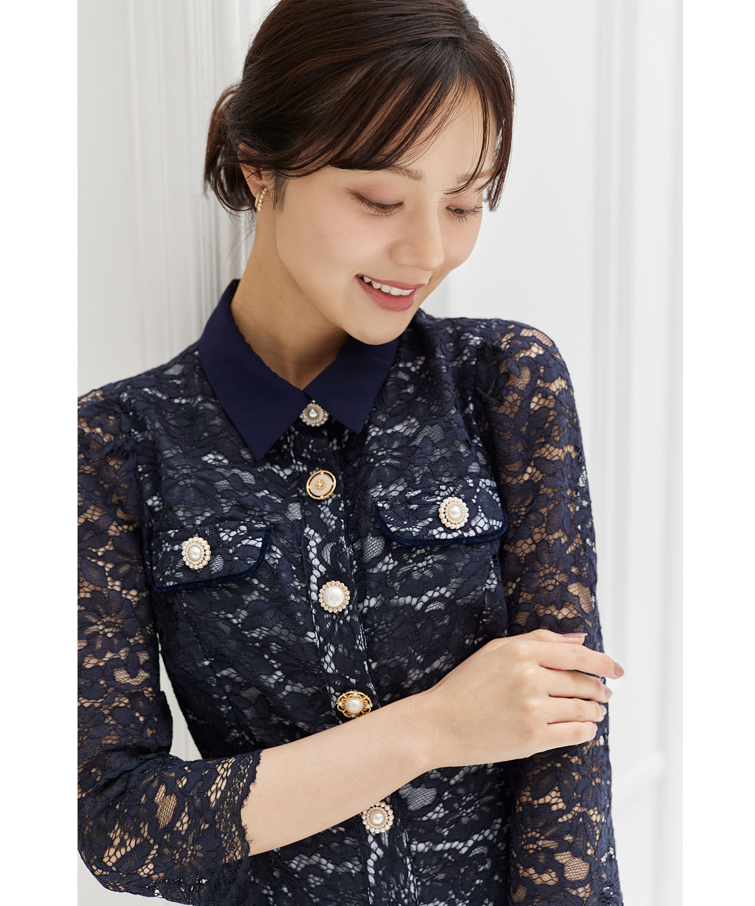 ボタニカルレース アシメデザインオフショル パールビジュー 高級ドレスワンピース XS-Lサイズあり【SETTAN/セッタン】フラワーレース/ フリル