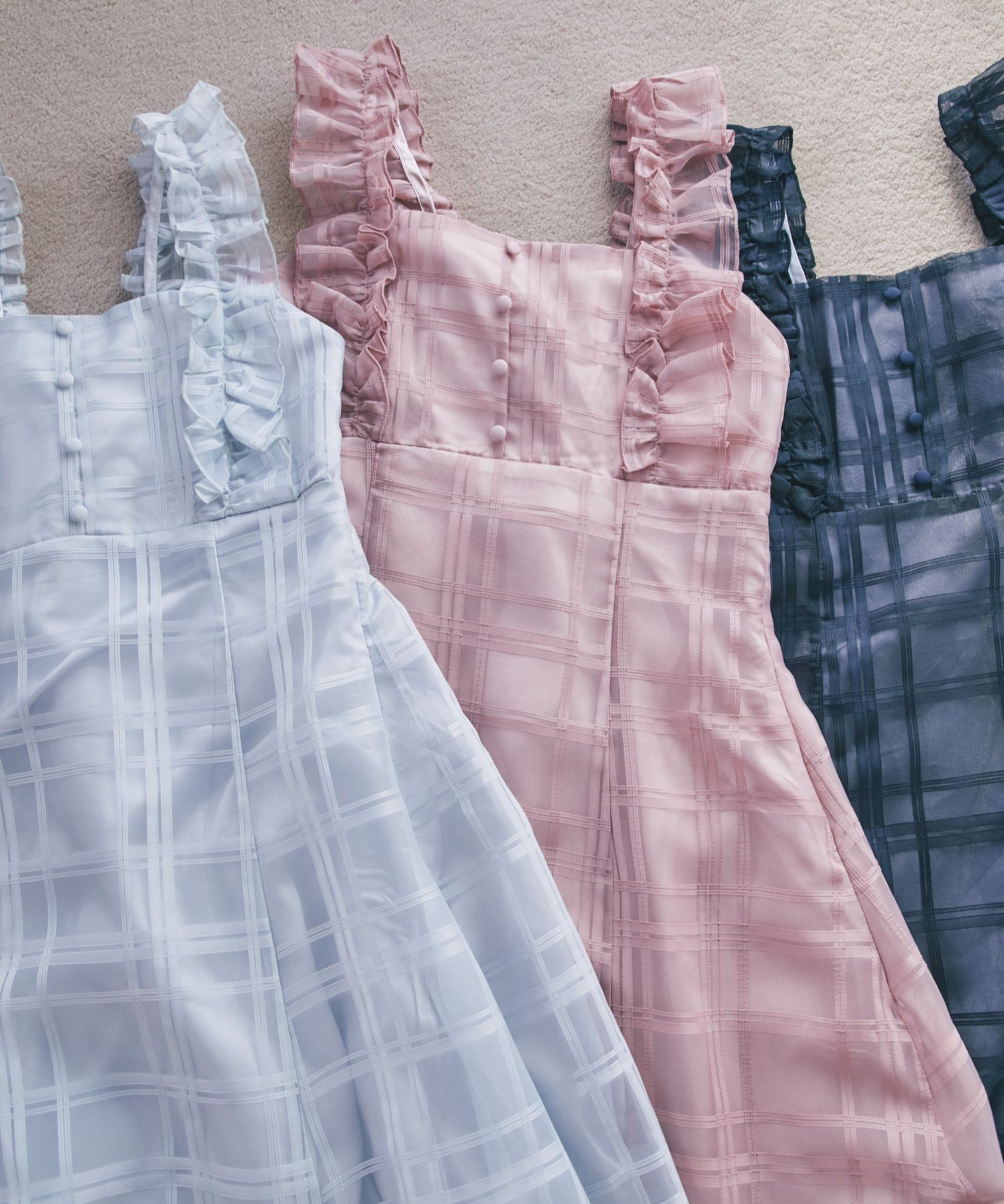 フリル付きバックレースアップシアーチェックワンピース