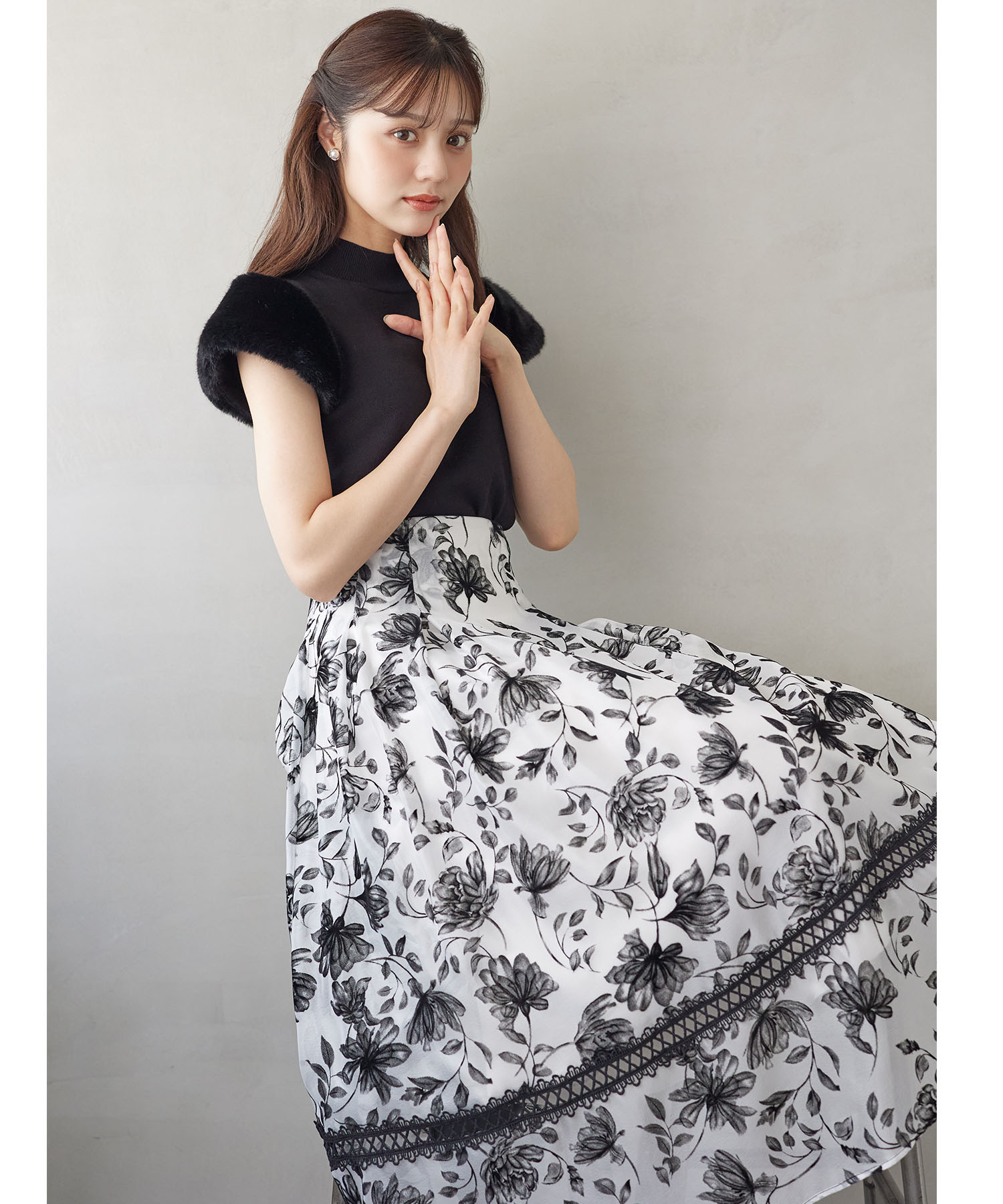 【ROSA BIANCA】フロッキーフラワースカート フロッキーフラワーオーガンジースカート（マキシ・ロング