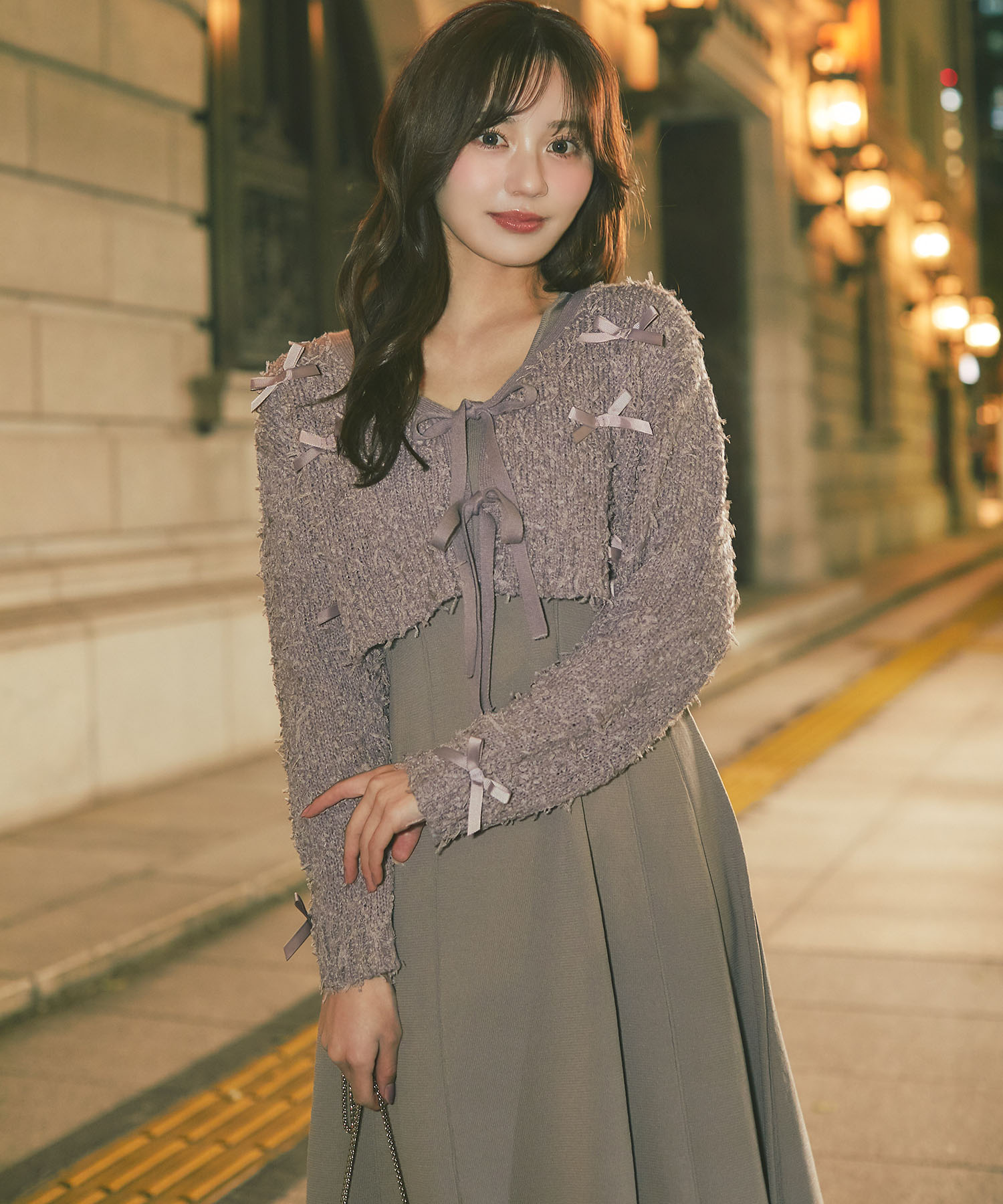 リボン付きニットボレロ×ニットワンピースセット