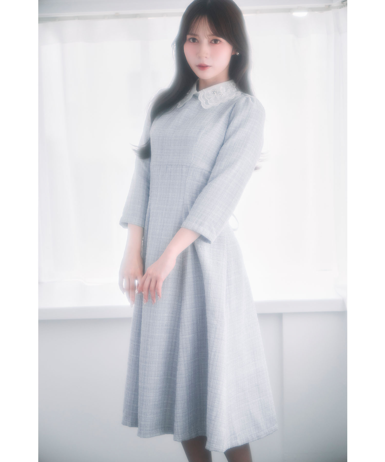 ビジュー×立体モチーフ付きオーガンジーフラワーレース襟ツイード