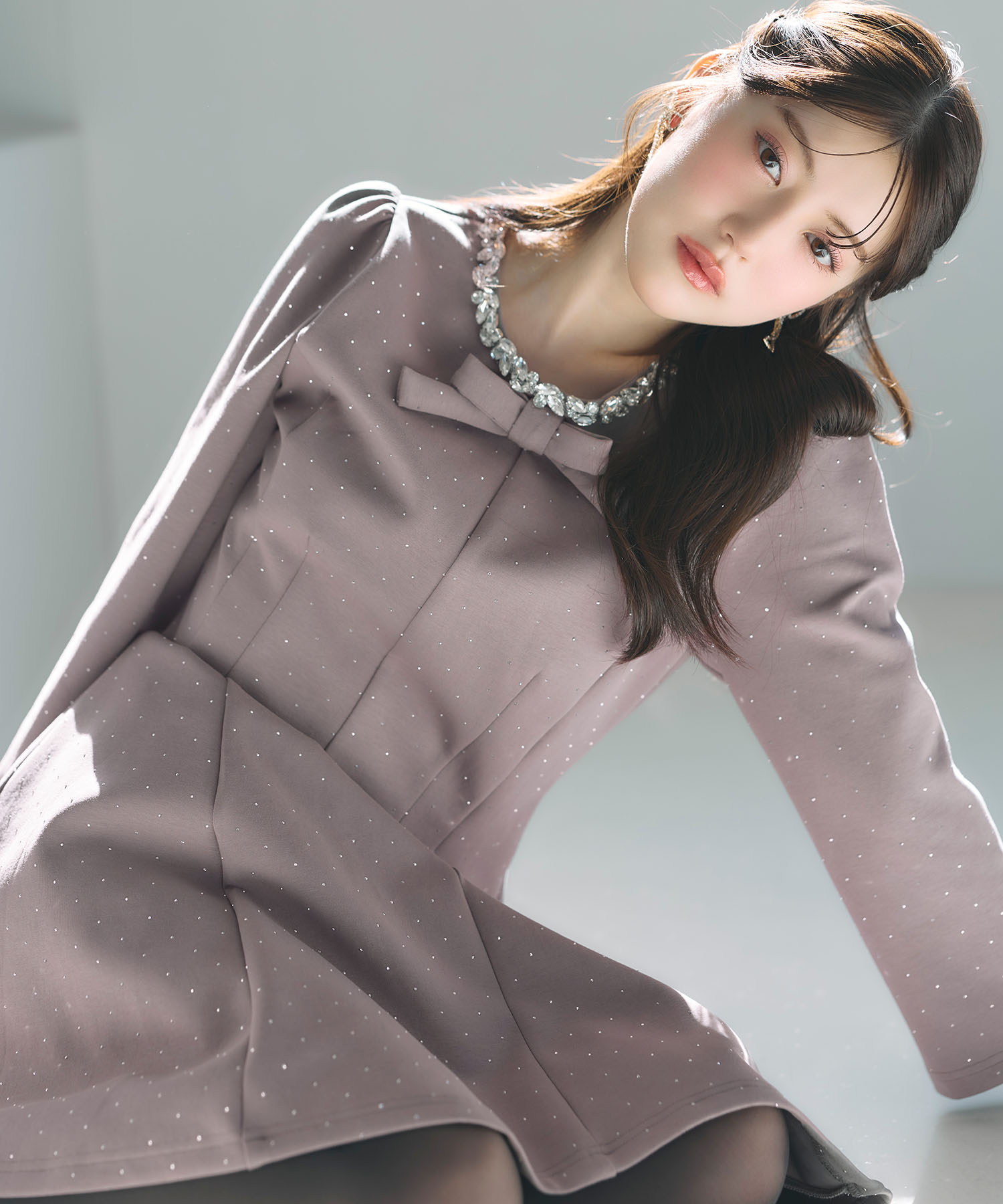 ボンディングリボンワンピース きらきらストーン×ビジュー付きリボンボンディングワンピース