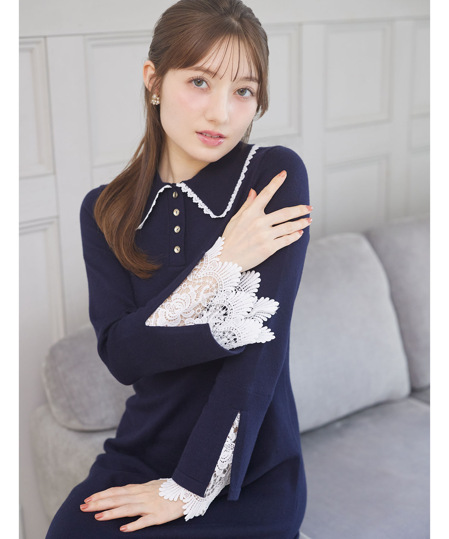 レース付きポロニットロングワンピース