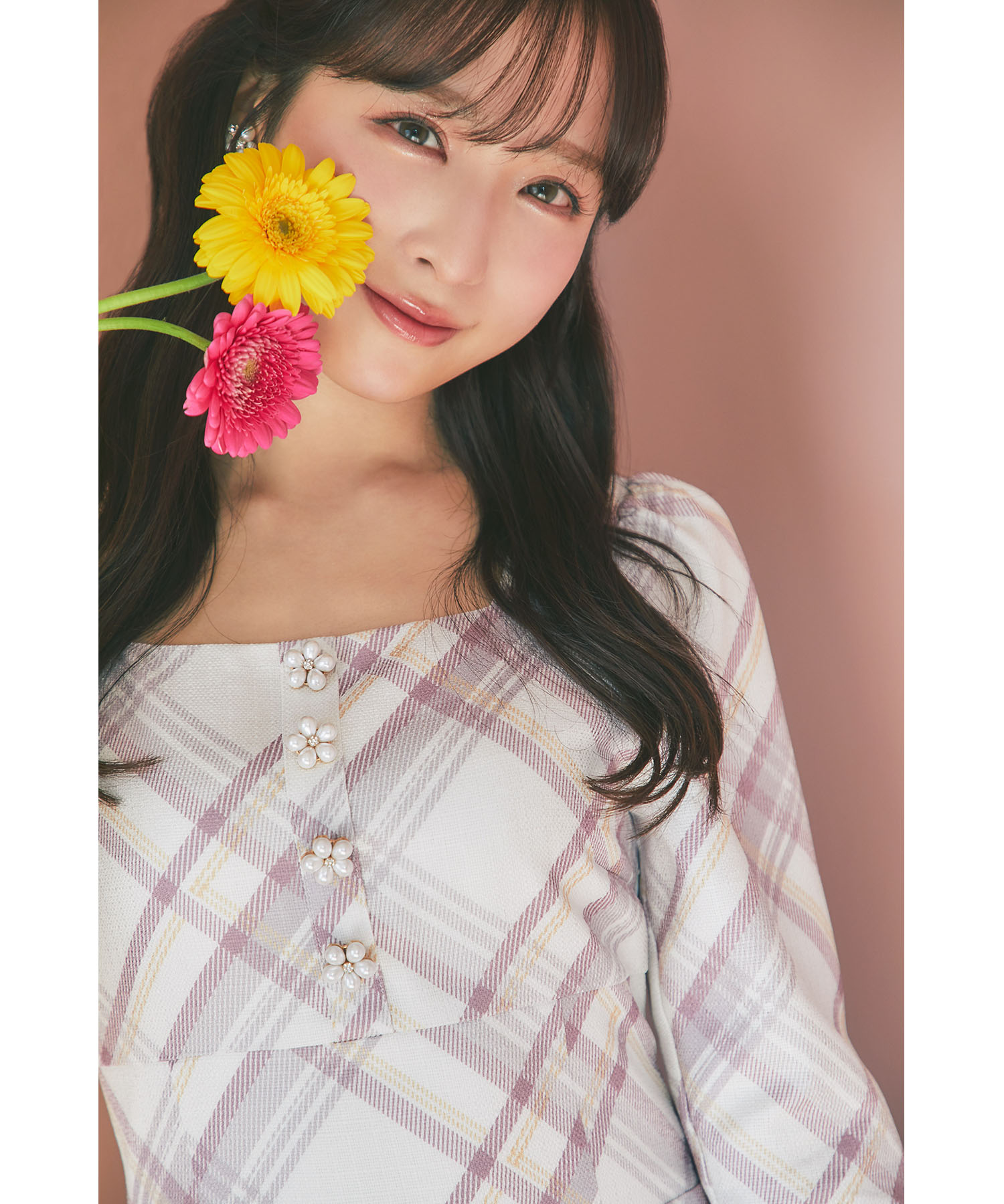 tocco トッコクローゼット フラワーモチーフ飾り釦ツイードライクチェックワンピース