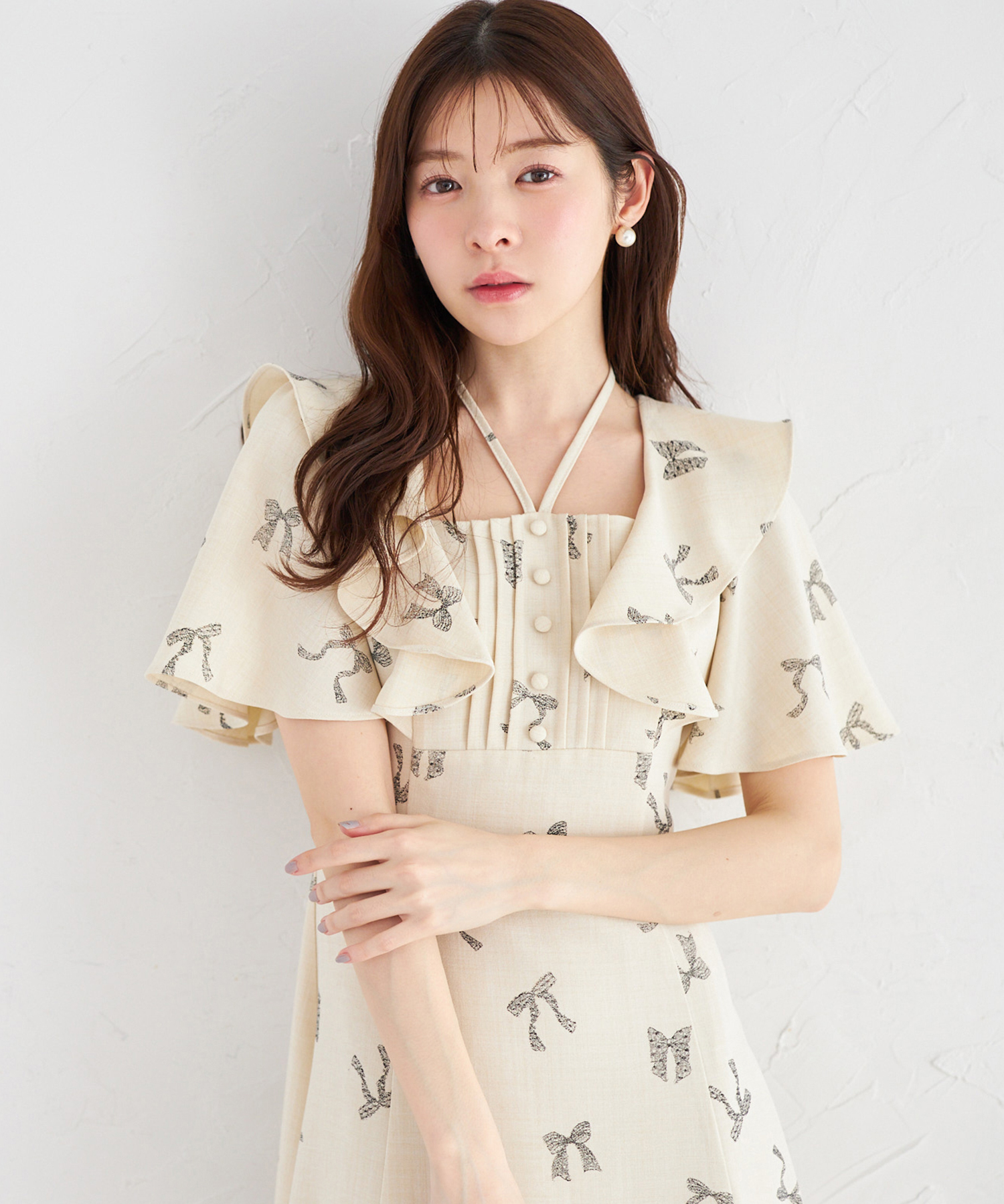 tocco トッコクローゼット ２ＷＡＹ全方位モテを狙うネックリボン付きラッフルフリルリボンプリントワンピース