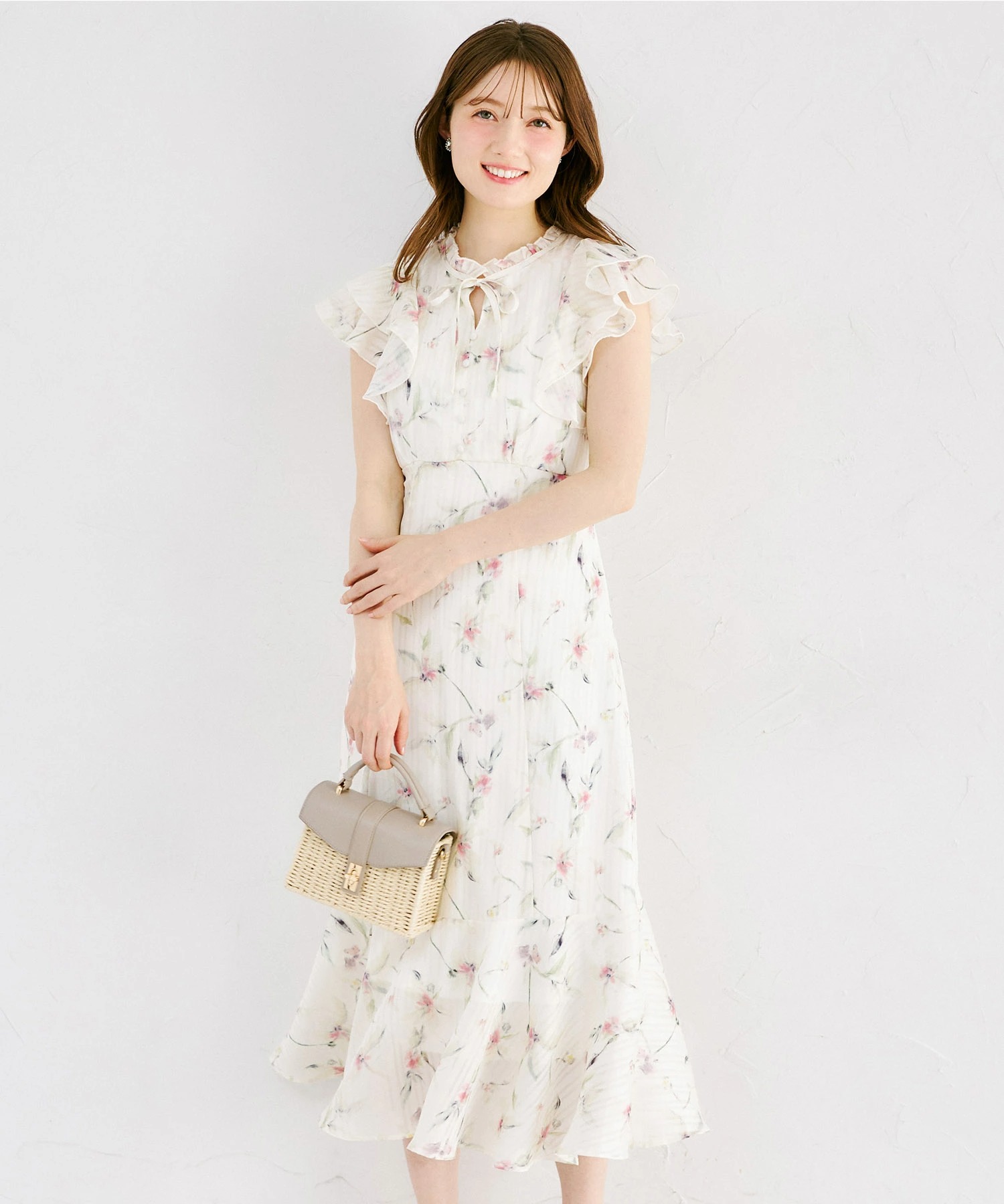 tocco トッコクローゼット　シアーストライプニュアンスフラワーラッフルフリルワンピース