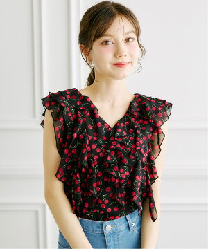 tocco トッコクローゼット インナー付きチェリープリントラッフルフリルブラウス 