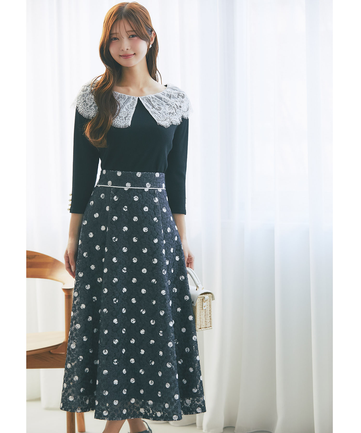 フラワーレースドットプリントフレアスカート