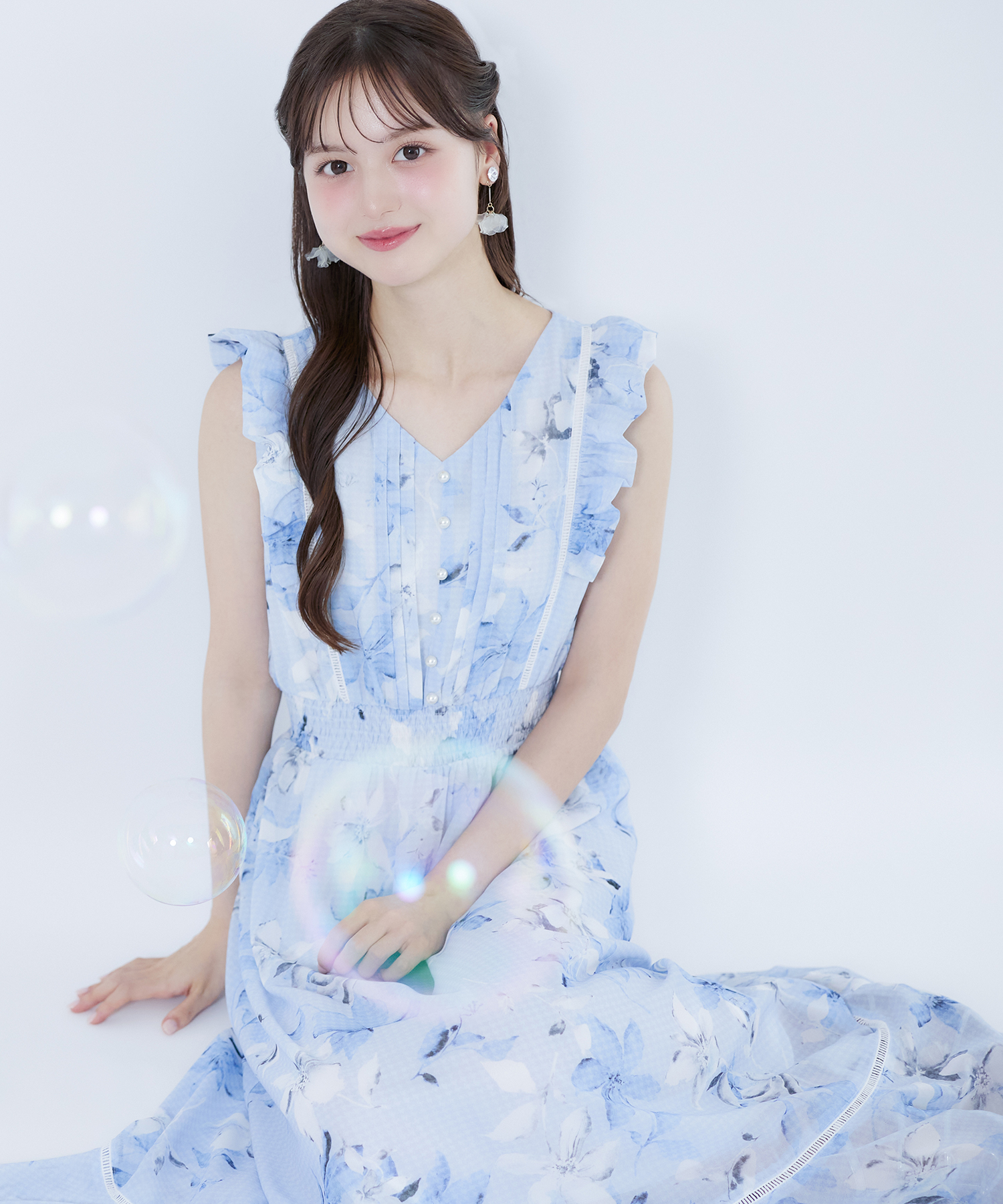 tocco トッコクローゼット　ハシゴレース切り替えシアーチェックフラワープリントワンピース