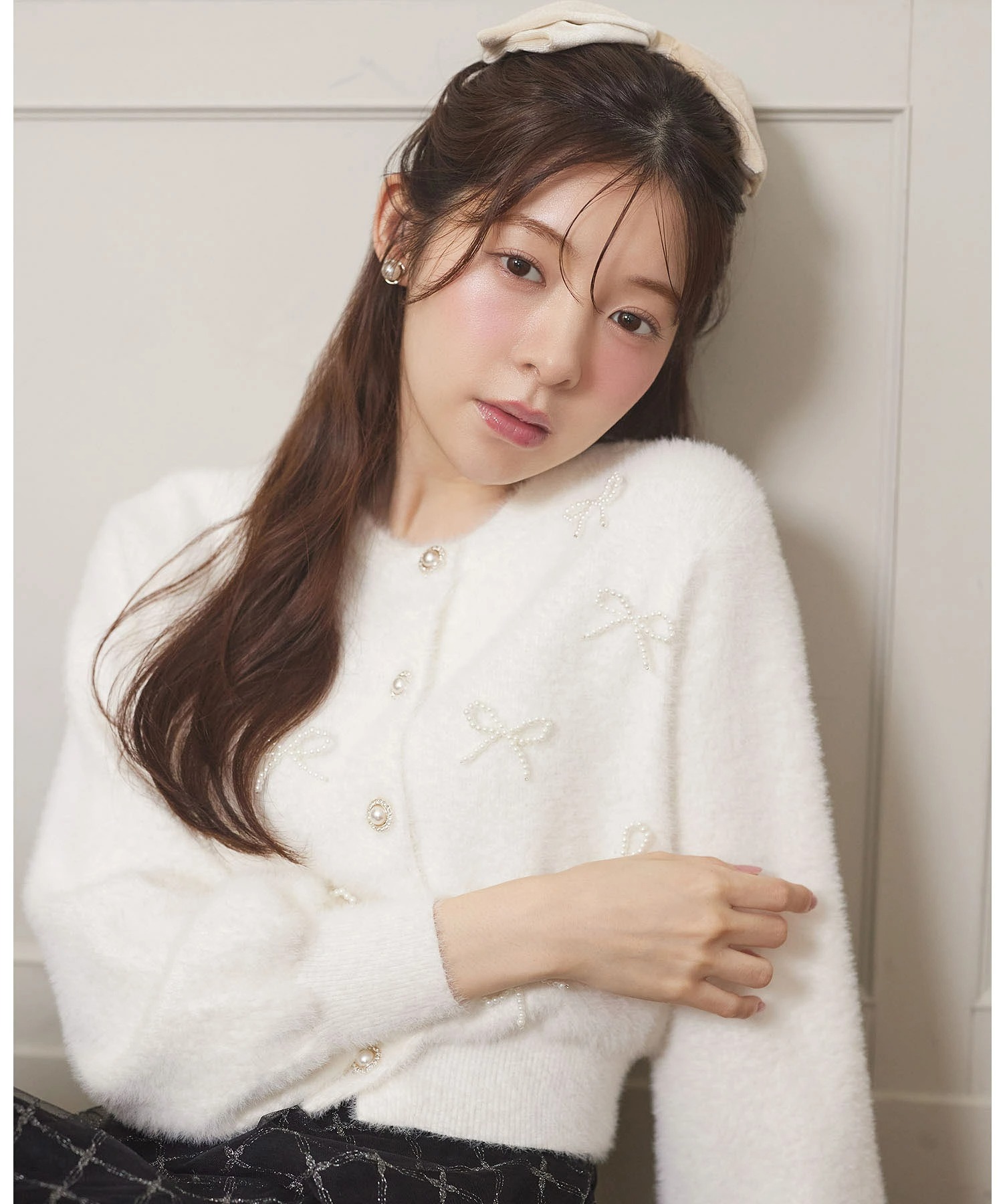 tocco トッコクローゼット　リボンパール付きシャギーニットカーディガン