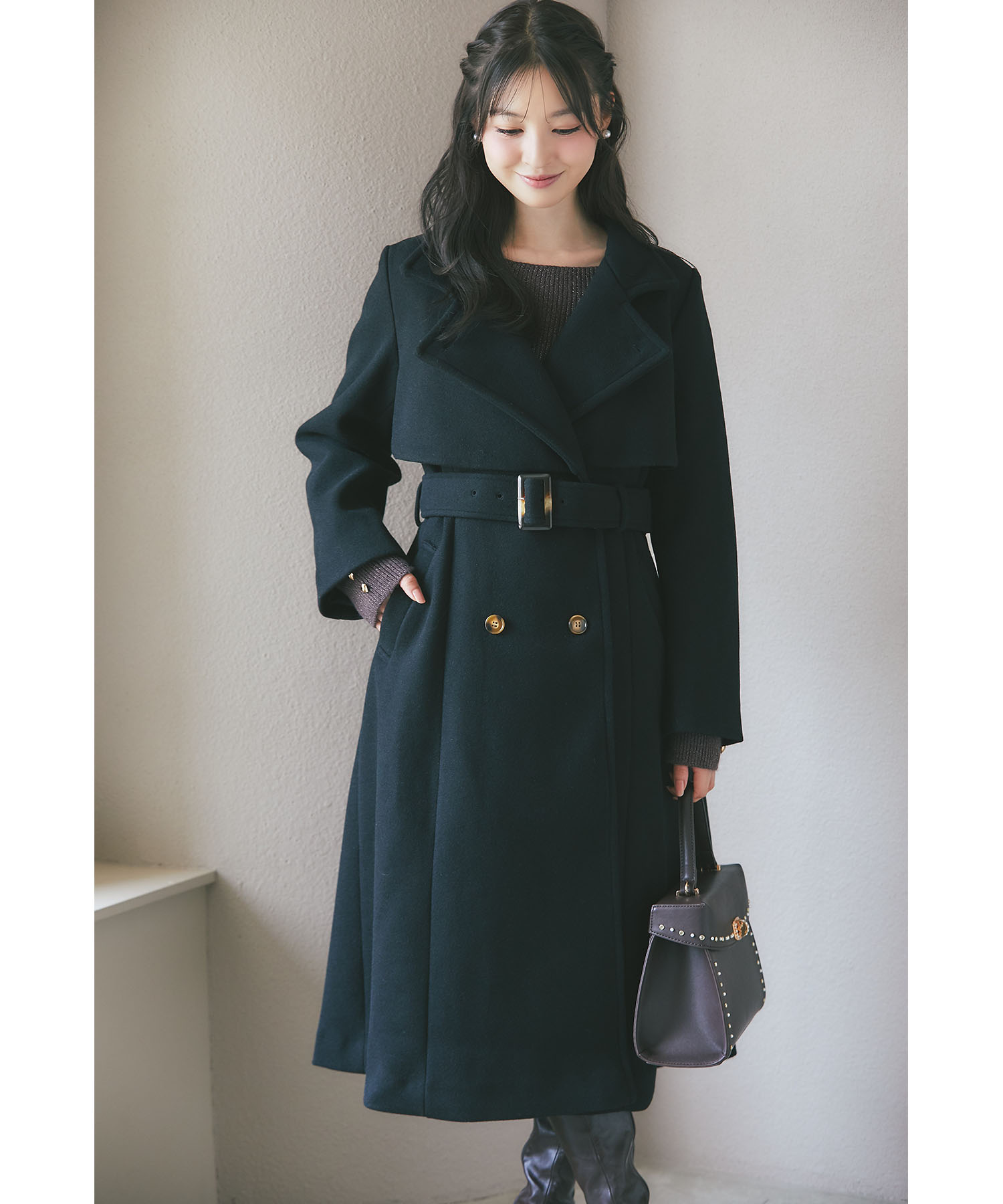 2WAYスロートタブ付きスタンドネックベルテッドロングコート