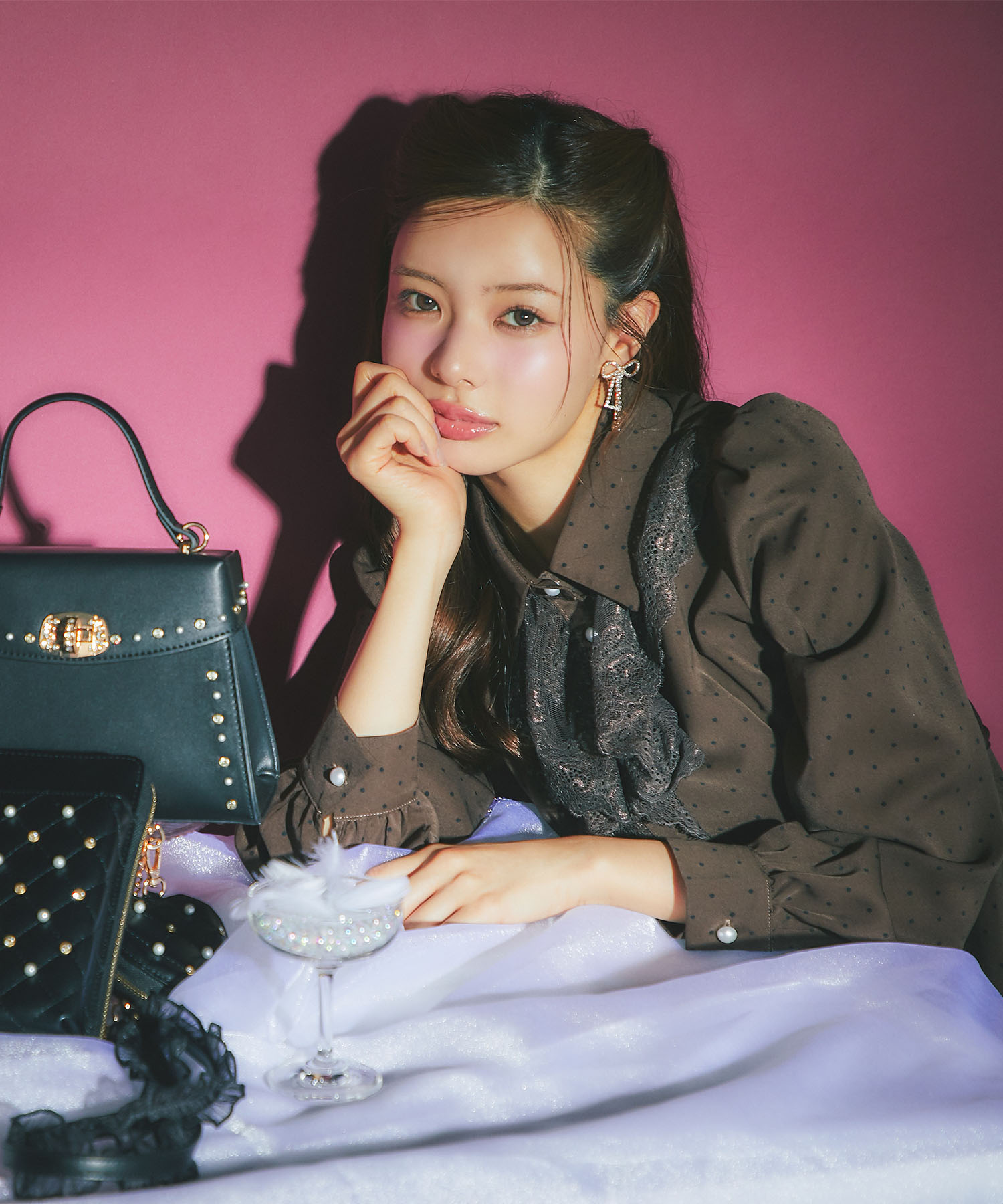 tocco トッコクローゼット　ベルト付きレースラッフルフリルドットシャツワンピース