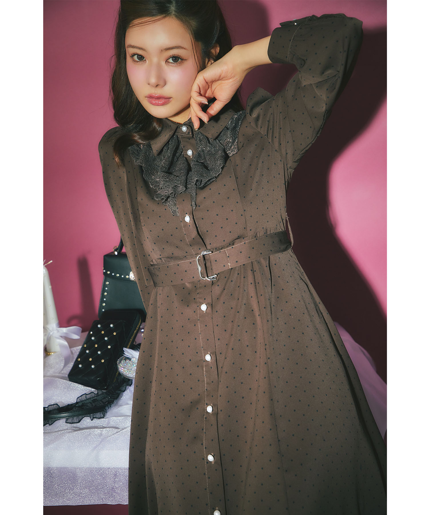 tocco トッコクローゼット　ベルト付きレースラッフルフリルドットシャツワンピース