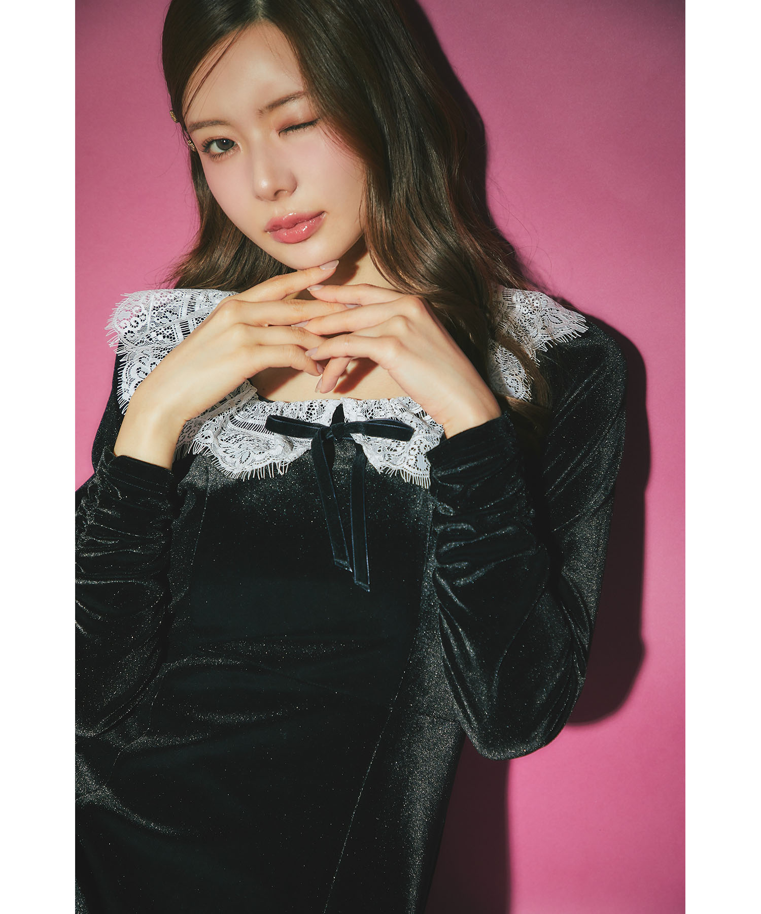 tocco トッコクローゼット　リボン付きレースネックベロアワンピース