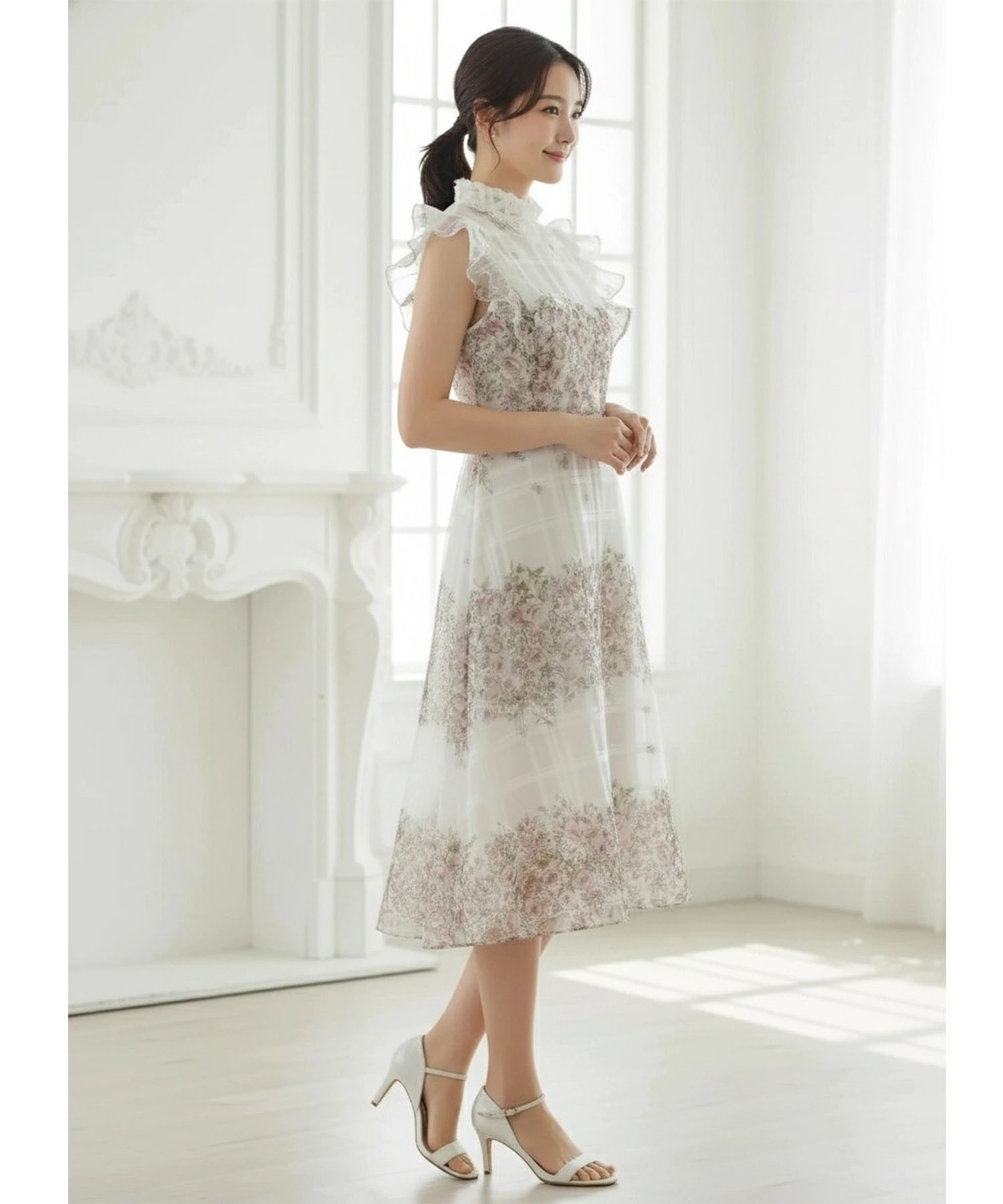 可憐さと品格を両立するレース襟付きシアーチェックパネルフラワー