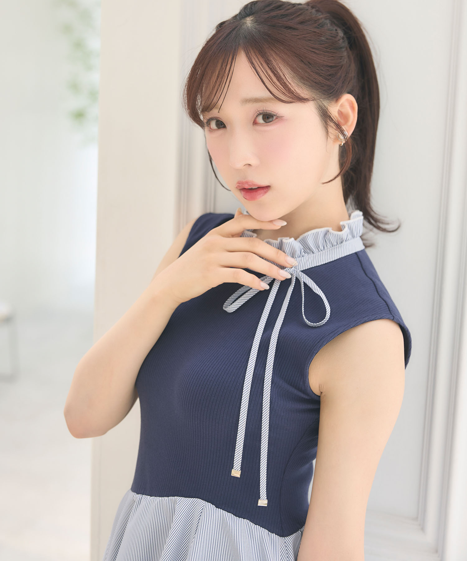 tocco トッコクローゼット　レイヤードコーデが１枚で叶うリブカットドッキングストライプティアードワンピース