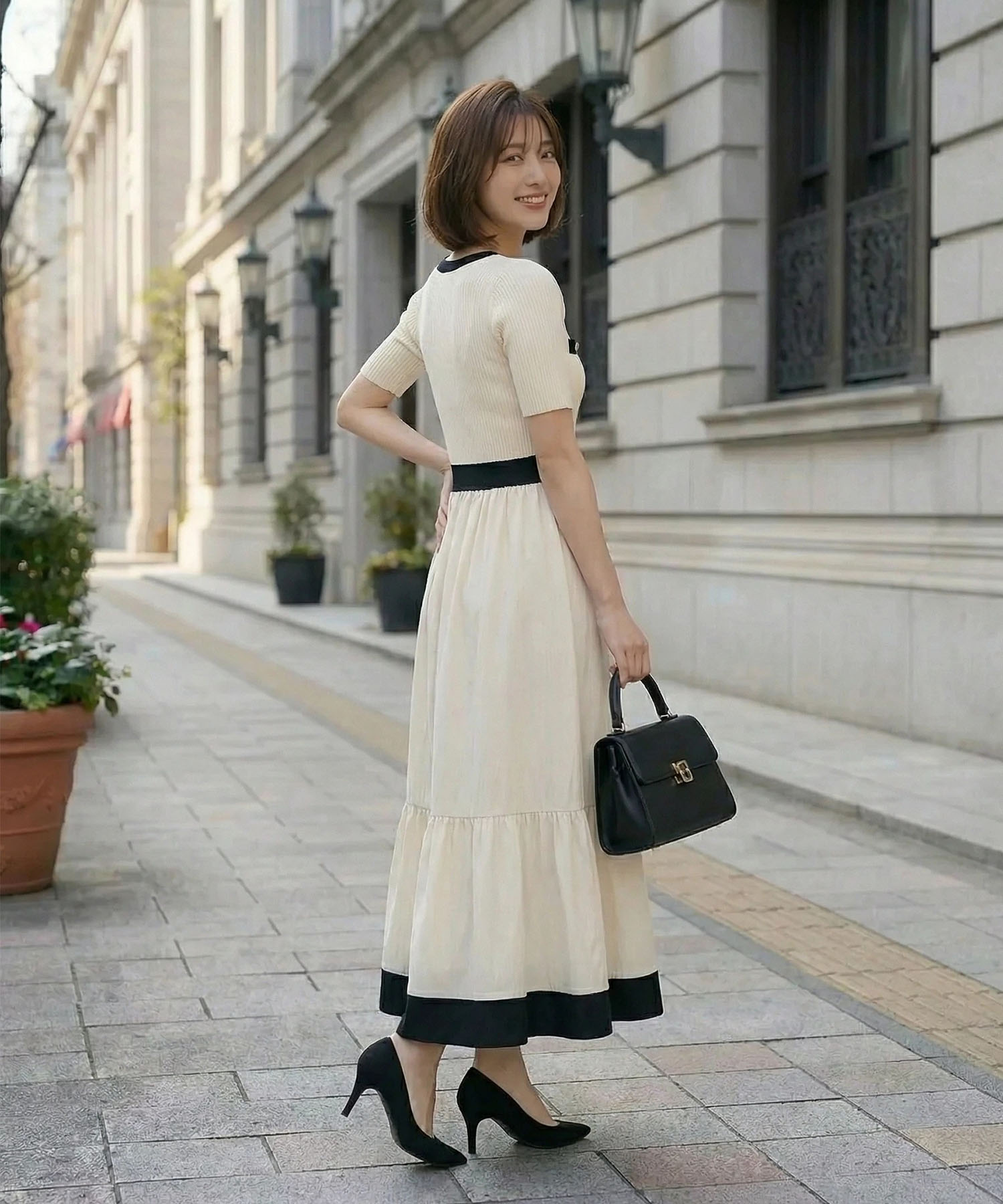 迷った朝の救世主になるリブニットドッキングタフタ配色ワンピース