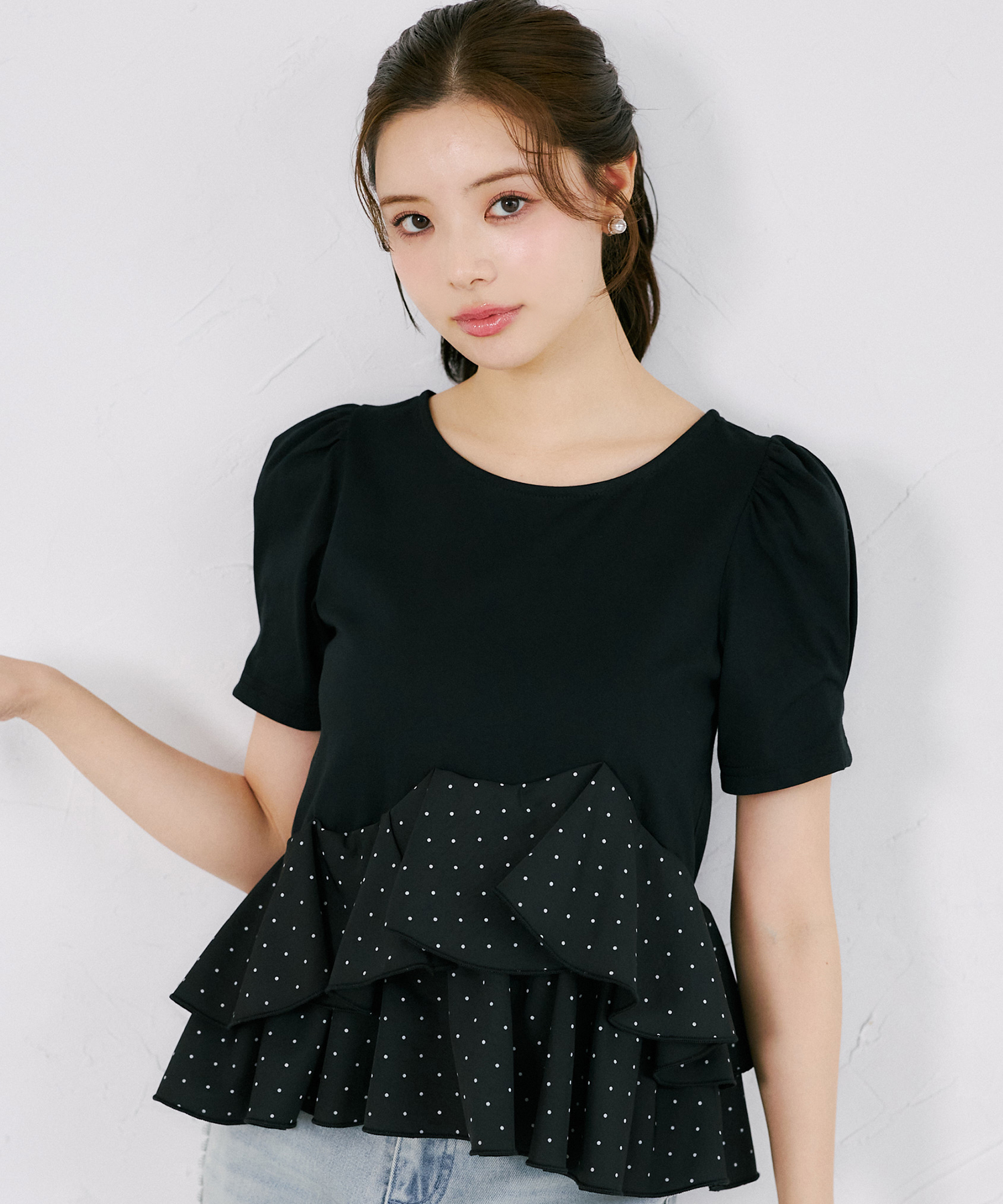ＵＶカット＆接触冷感＆速乾♪楽して綺麗が叶う異素材アシメフリルリブカットプルオーバー