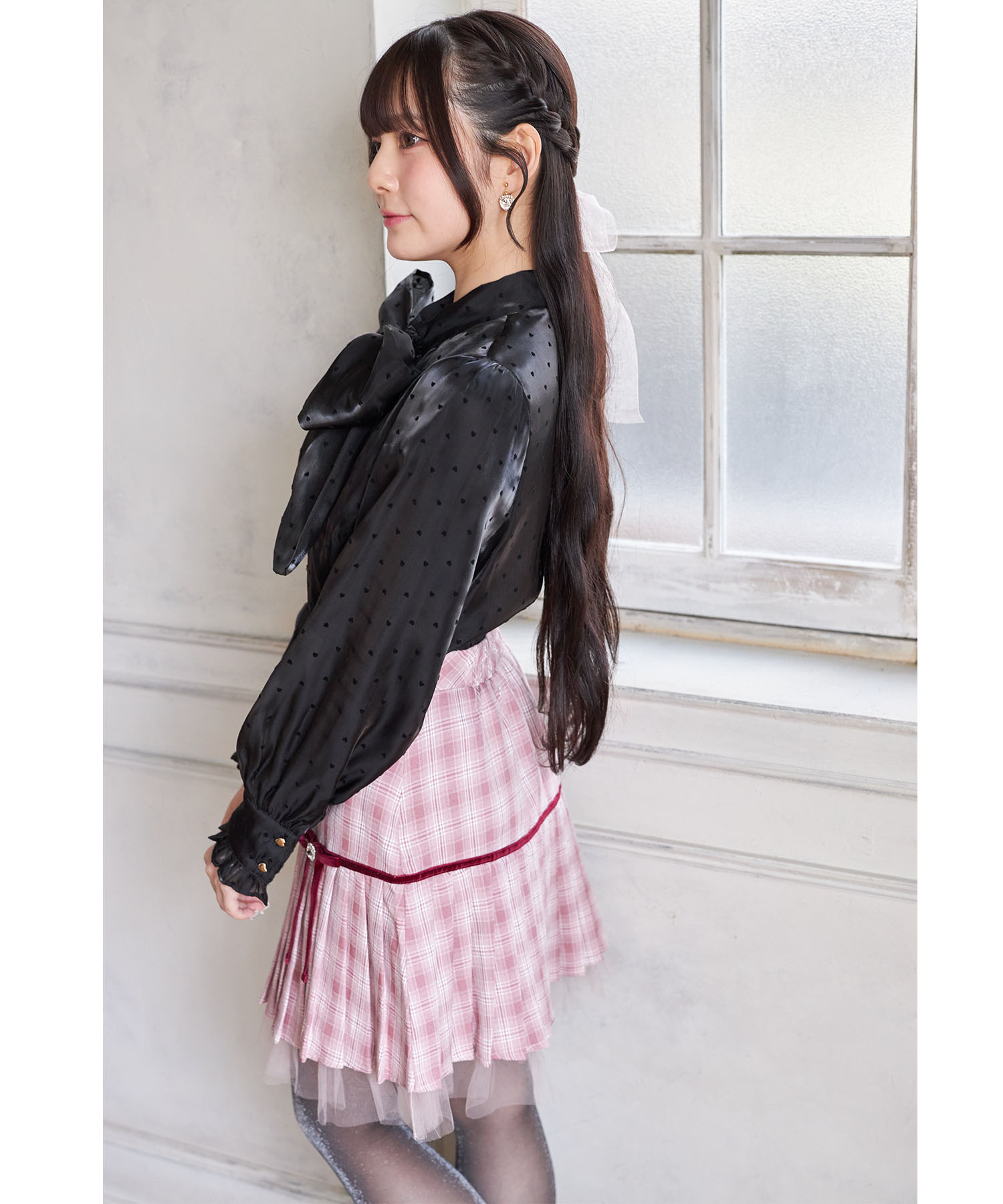 裾チュール付きリボン切り替えチェックプリーツスカート