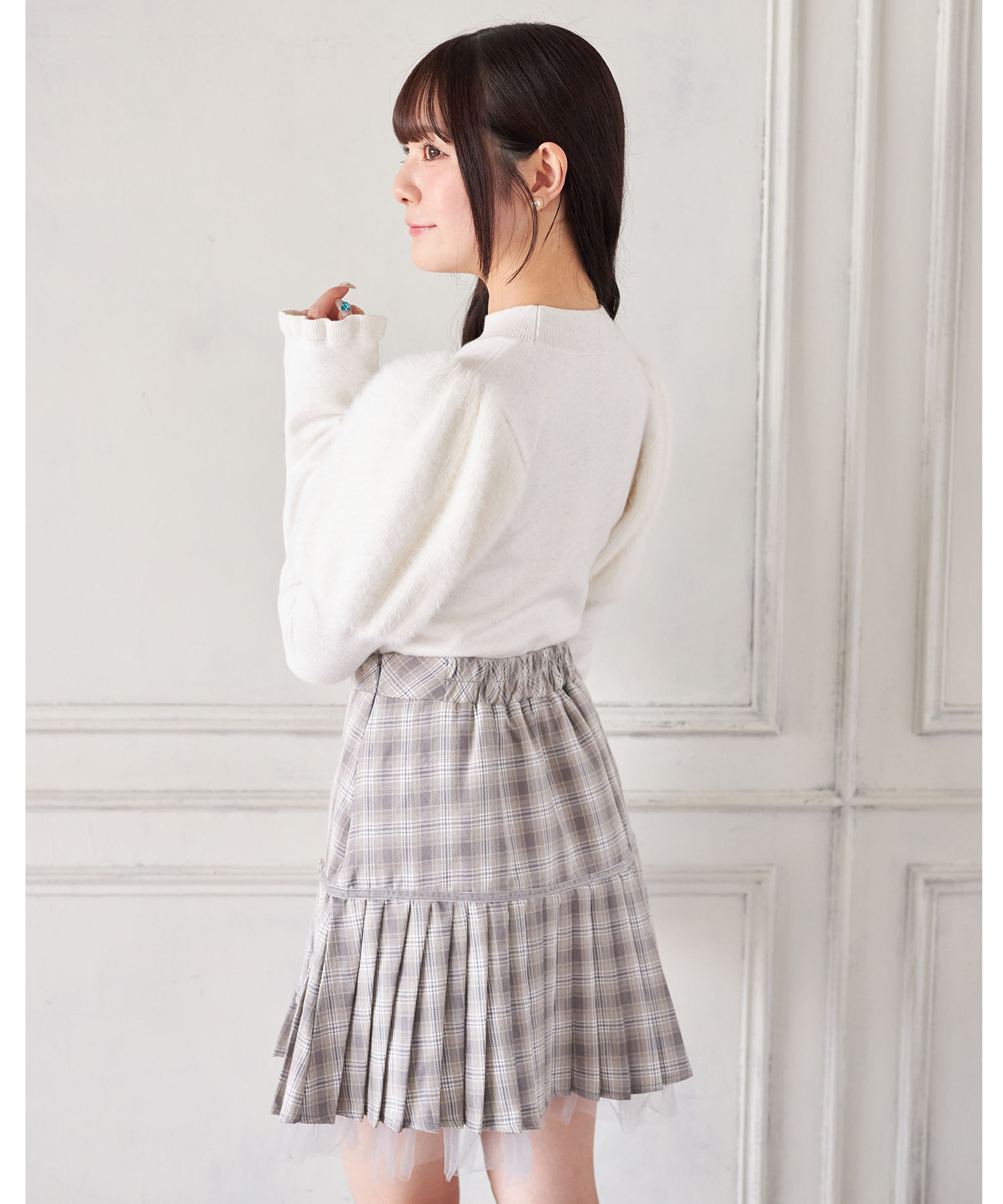 裾チュール付きリボン切り替えチェックプリーツスカート