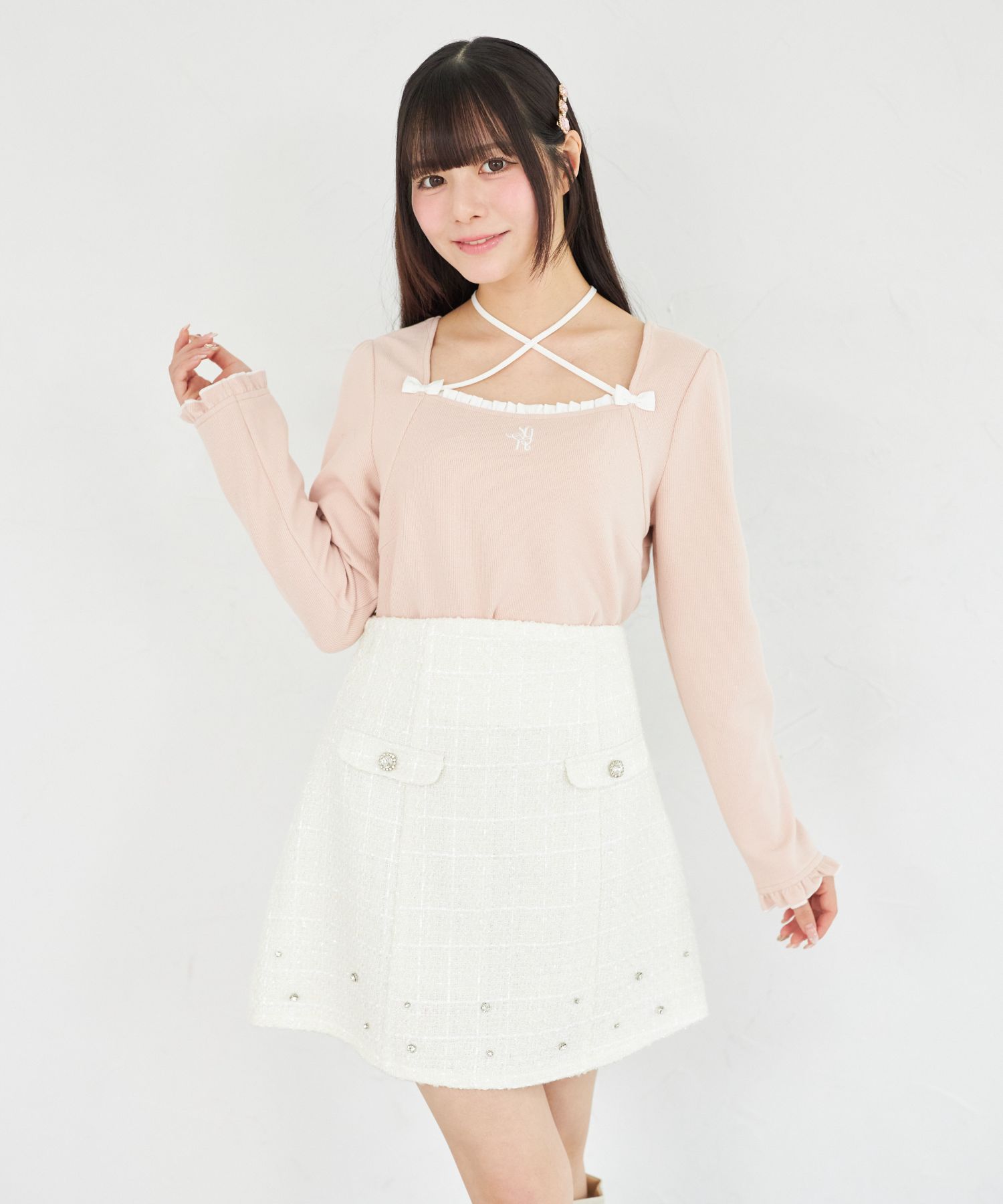 インナーパンツ付きビジュー装飾ラメツイードミニスカート