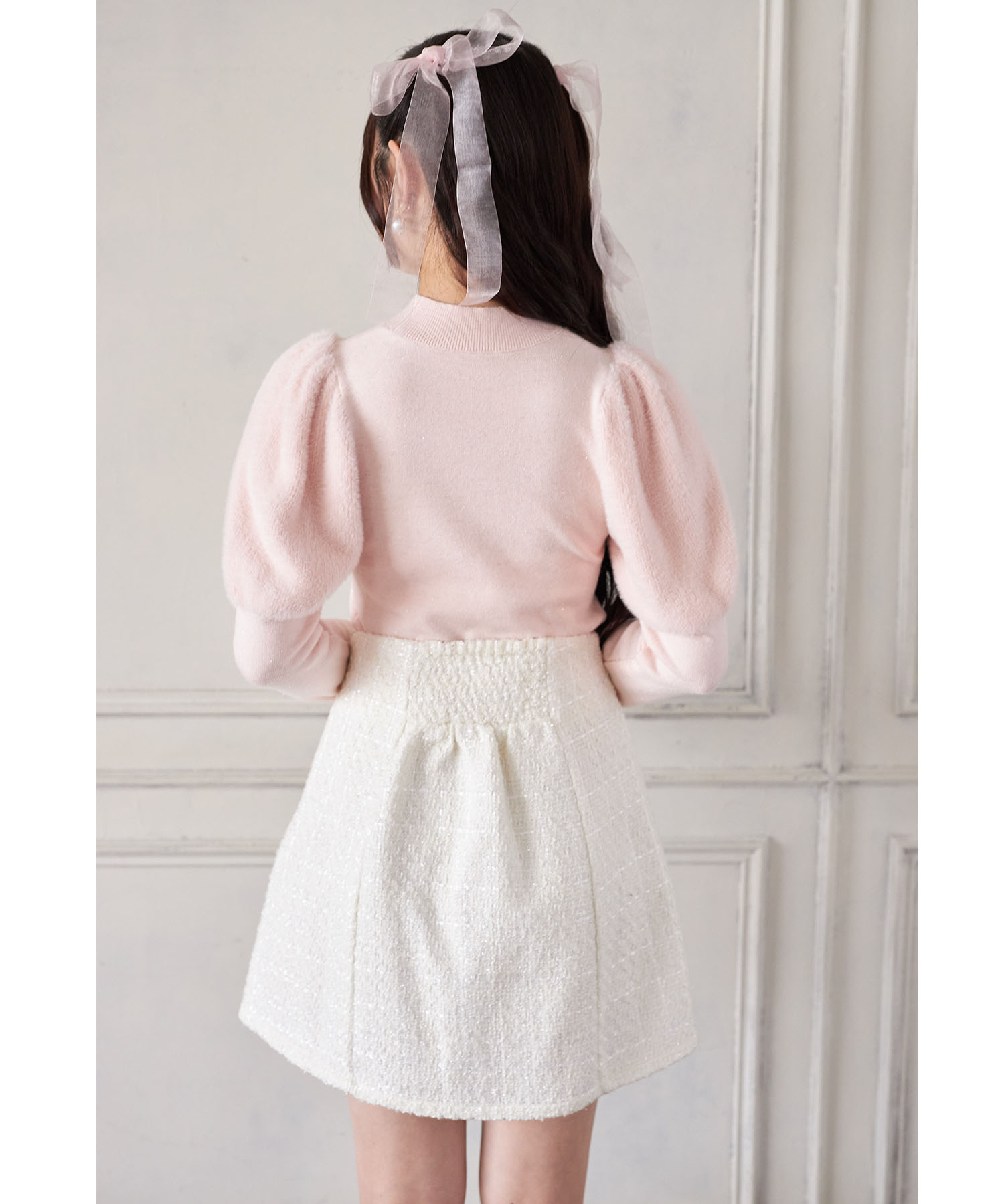 インナーパンツ付きビジュー装飾ラメツイードミニスカート