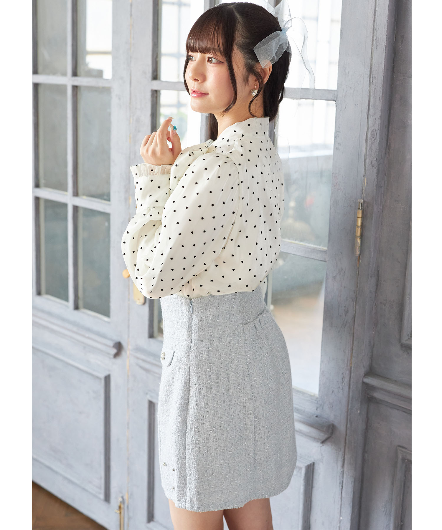 インナーパンツ付きビジュー装飾ラメツイードミニスカート