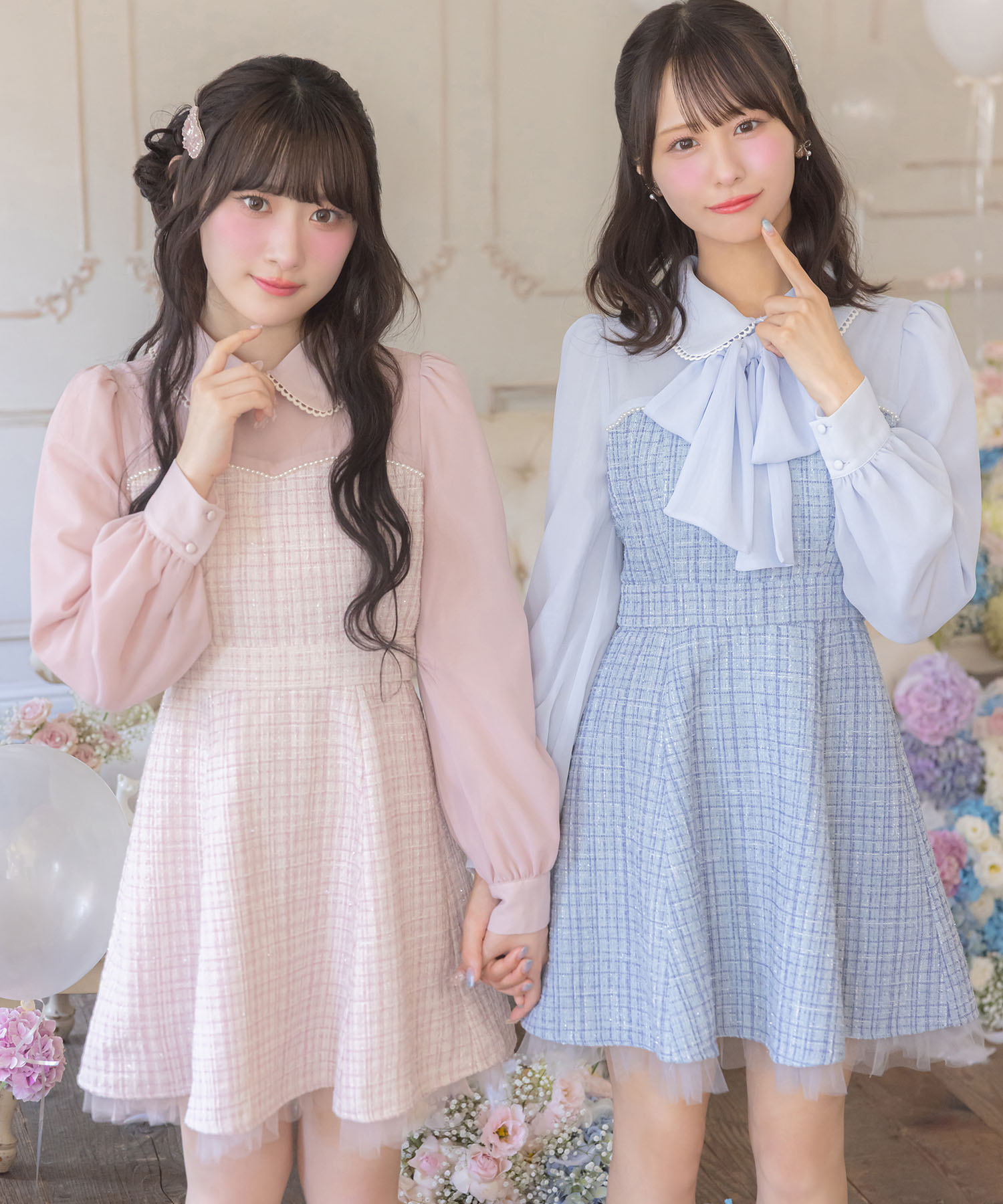 2WAYリボン付きラメツイードドッキングワンピース
