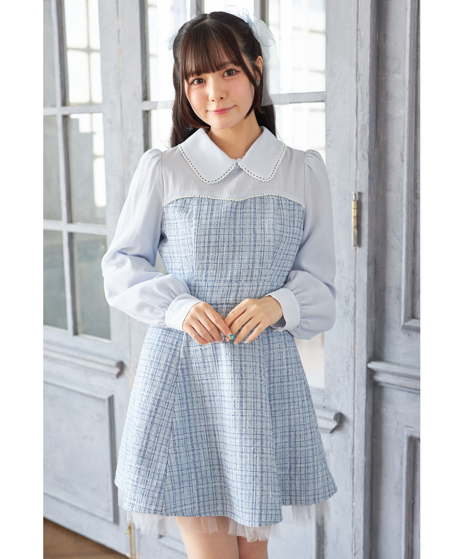 2WAYリボン付きラメツイードドッキングワンピース