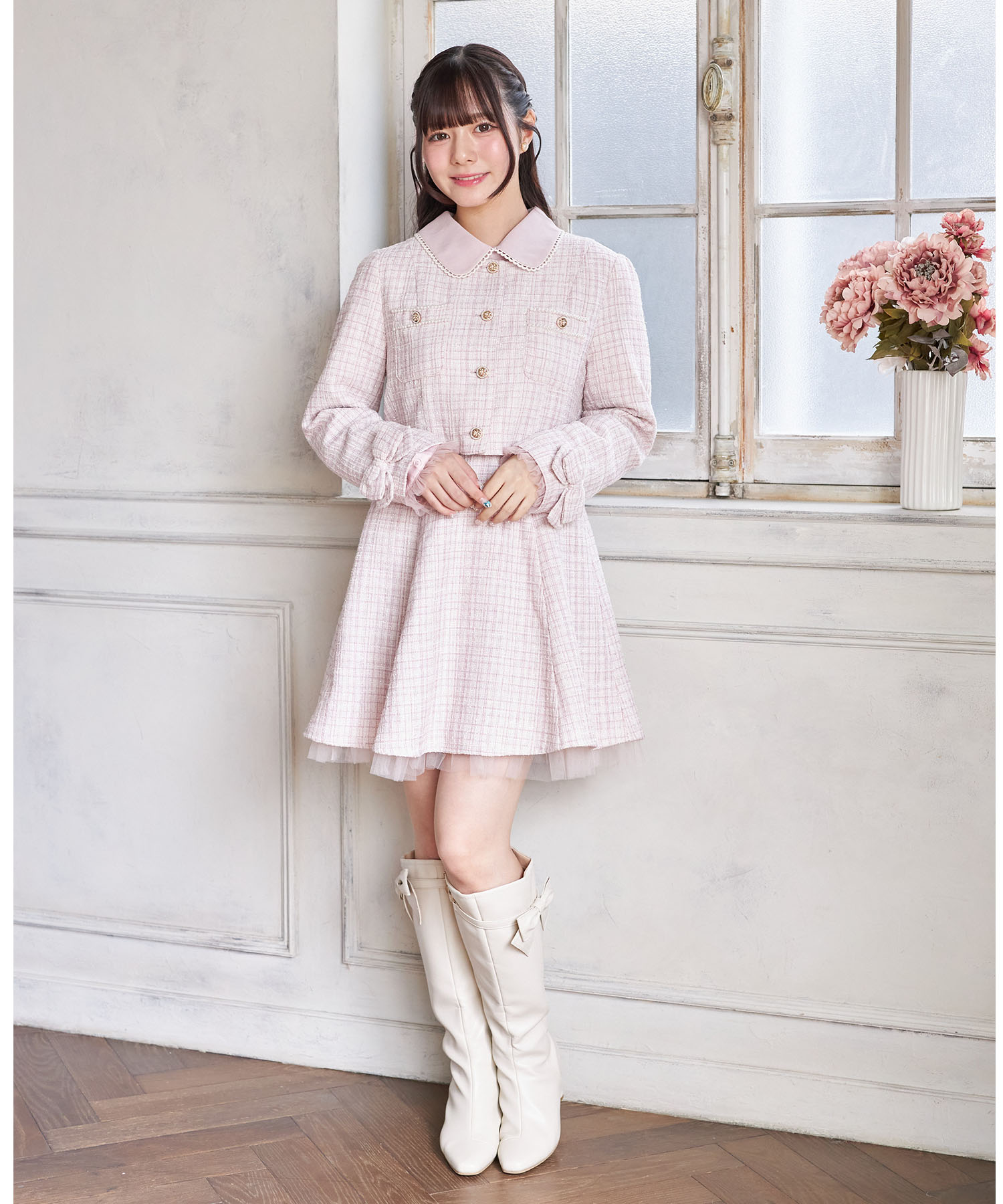 2WAYリボン付きラメツイードドッキングワンピース