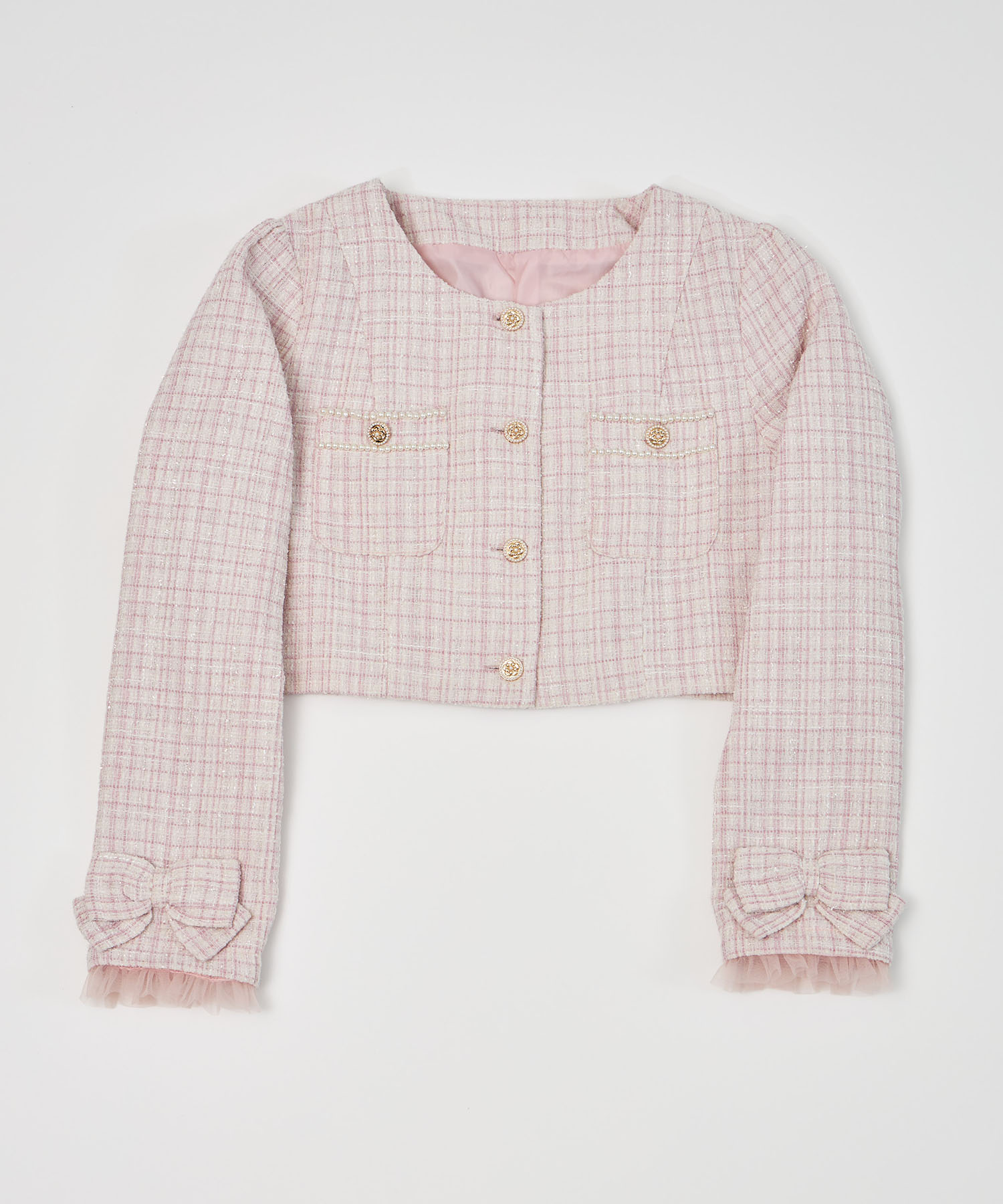 袖口りぼん＆チュールフリル付きラメツイードジャケット