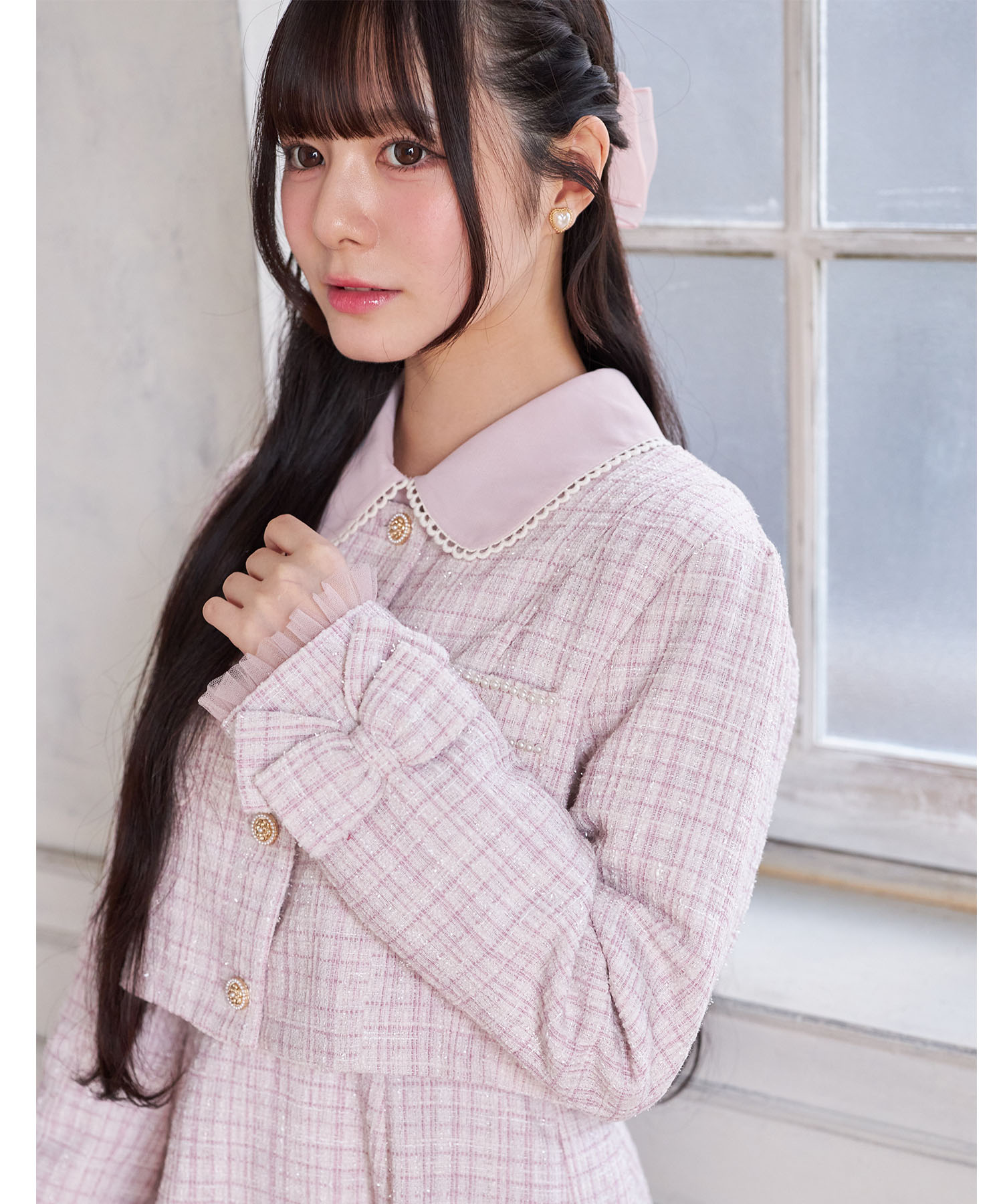 CHANEL02C チュール レース ツィードジャケット フリル リボン 袖口りぼん＆チュールフリル付きラメツイードジャケット