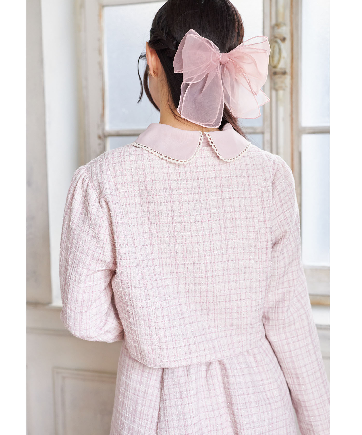 袖口りぼん＆チュールフリル付きラメツイードジャケット