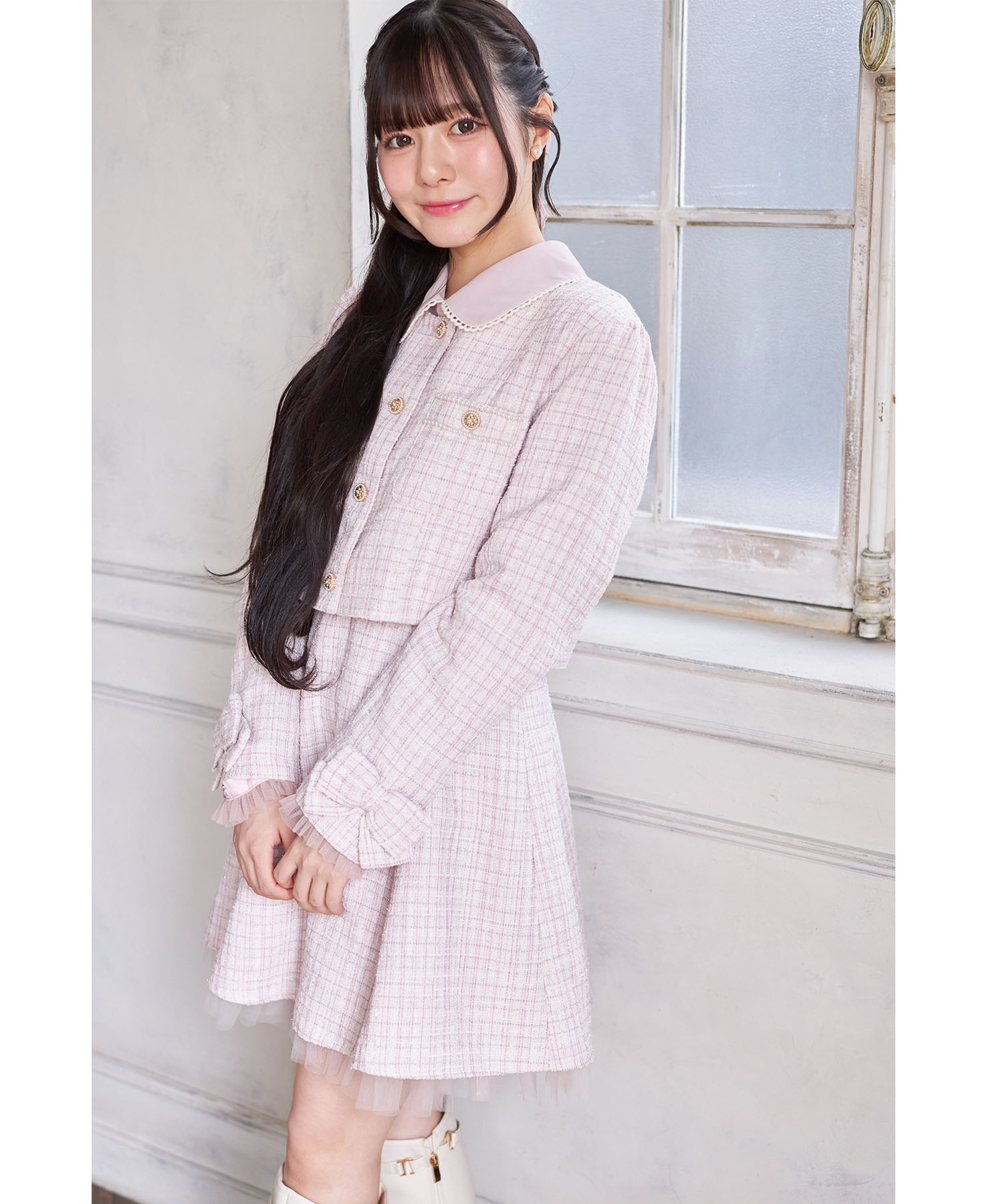 CHANEL02C チュール レース ツィードジャケット フリル リボン 袖口りぼん＆チュールフリル付きラメツイードジャケット