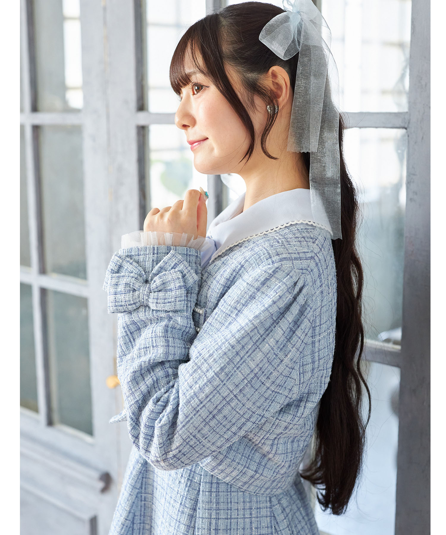 袖口りぼん＆チュールフリル付きラメツイードジャケット