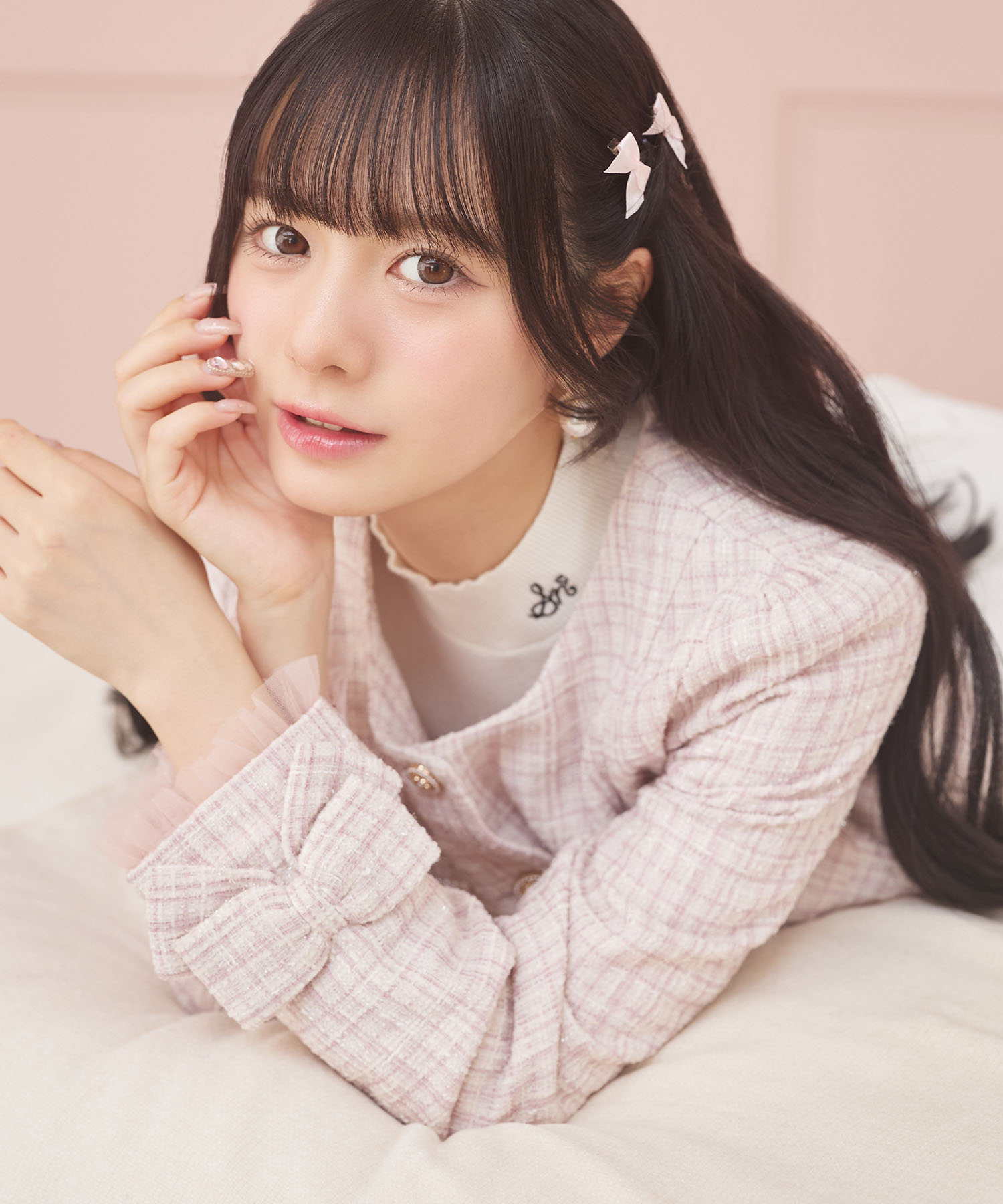 袖口りぼん＆チュールフリル付きラメツイードジャケット