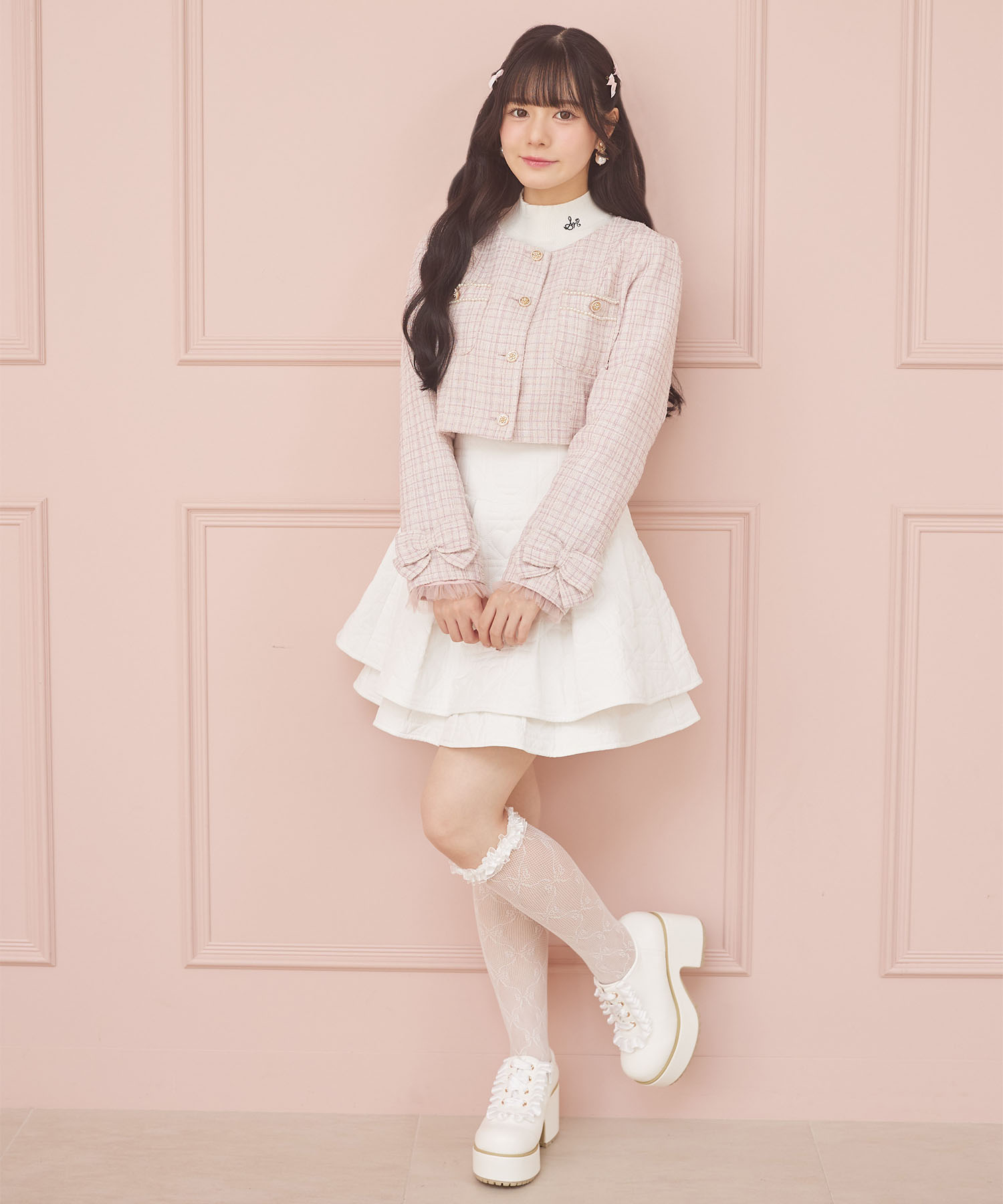 袖口りぼん＆チュールフリル付きラメツイードジャケット