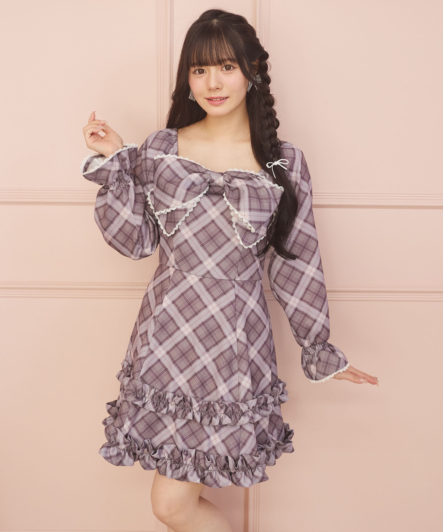リボン＆フリル付きレース装飾チェックプリントワンピース
