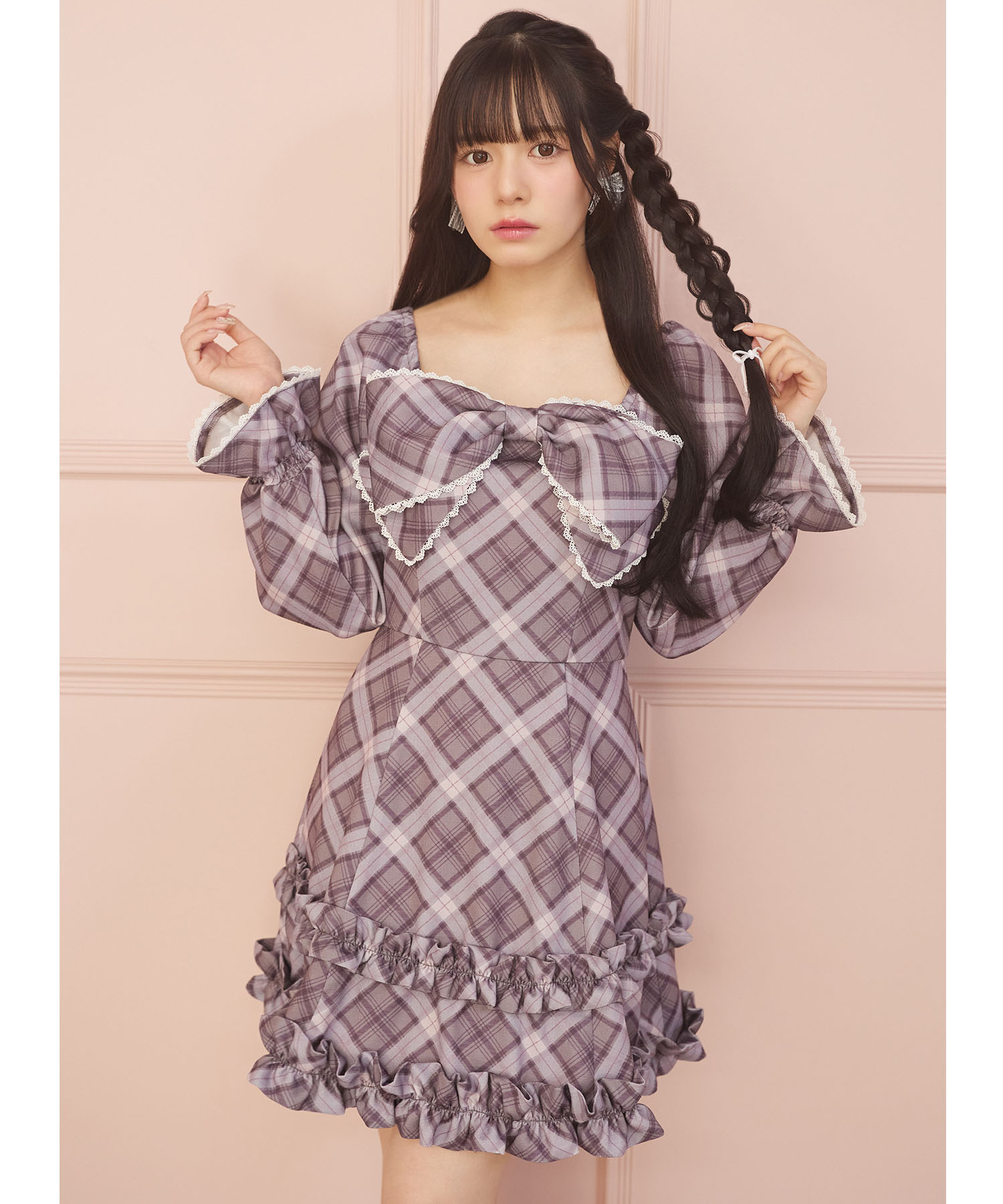 リボン＆フリル付きレース装飾チェックプリントワンピース