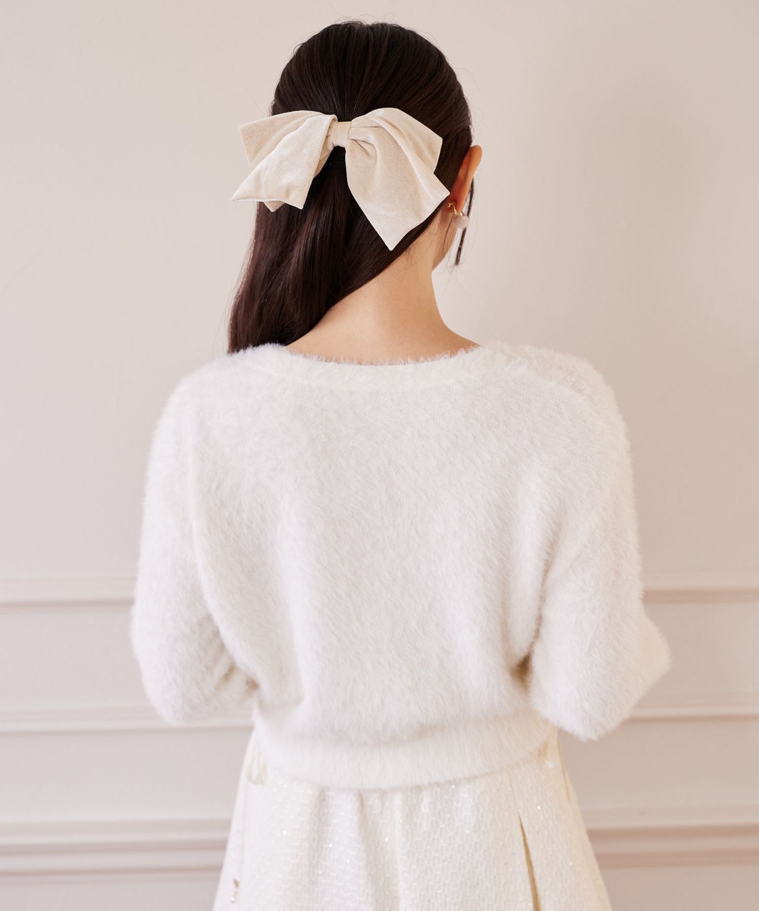 ベロアリボン付きハート釦シャギーニットカーディガン