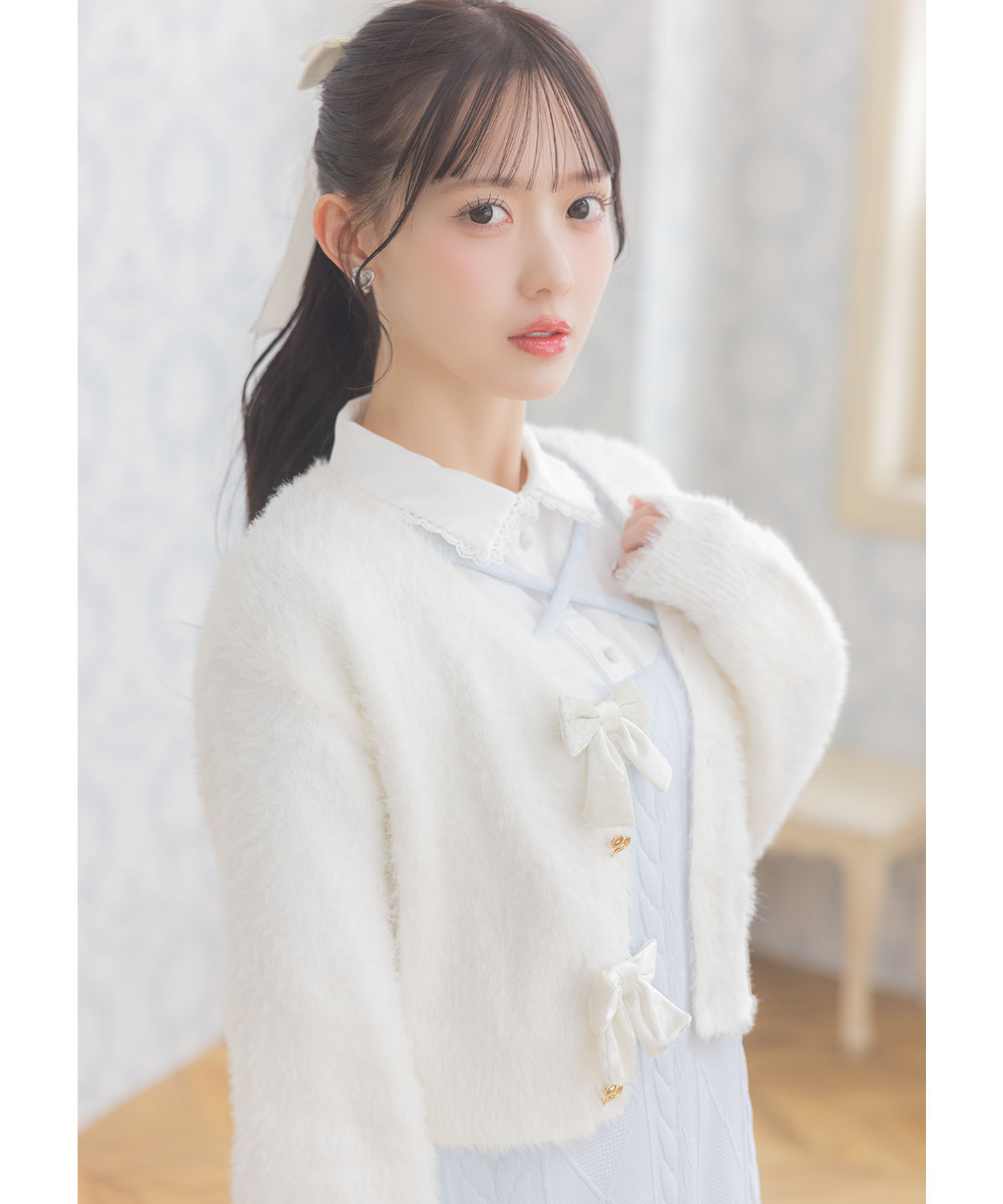 ベロアリボン付きハート釦シャギーニットカーディガン