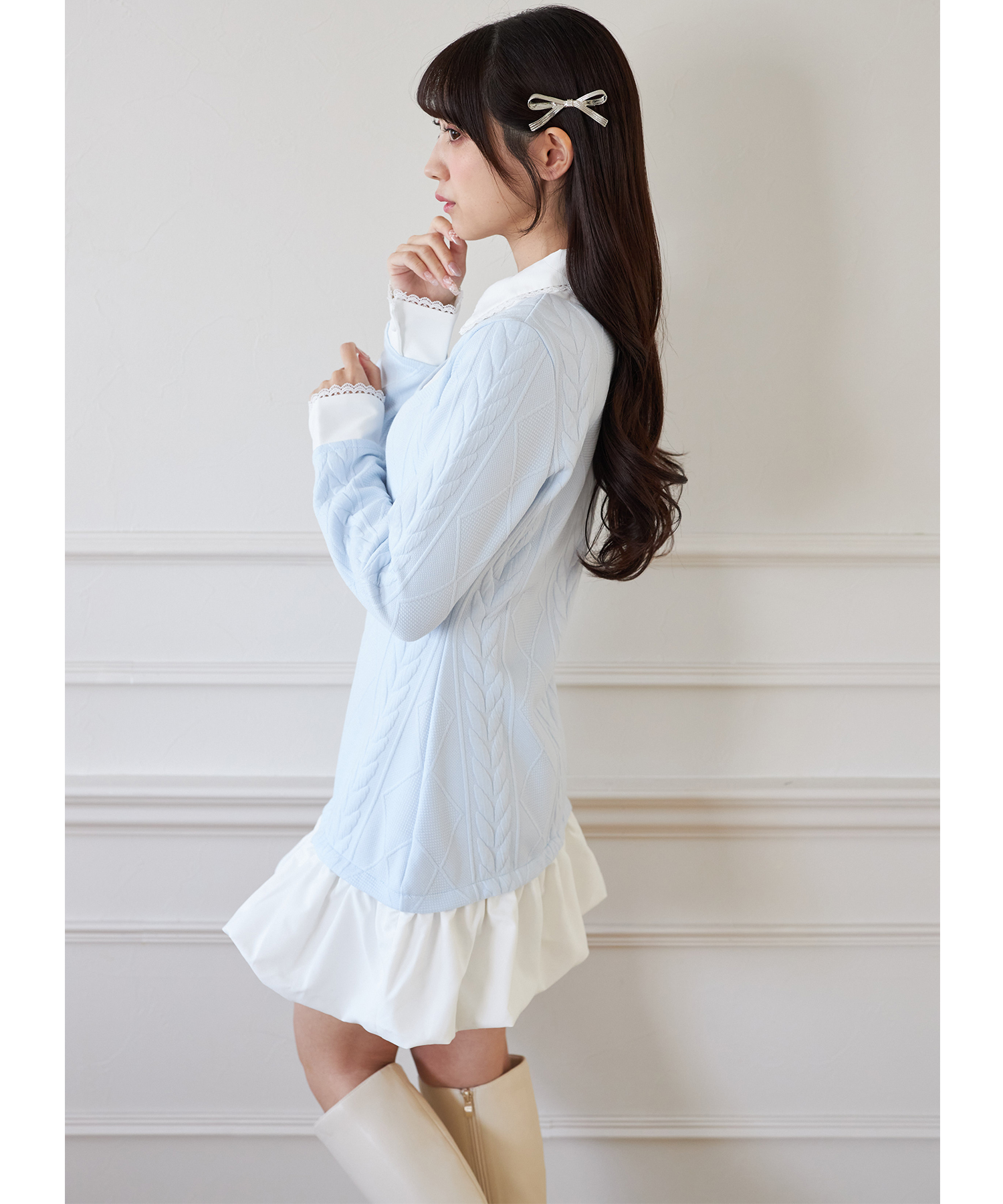 レース装飾シャツドッキングバルーンワンピース