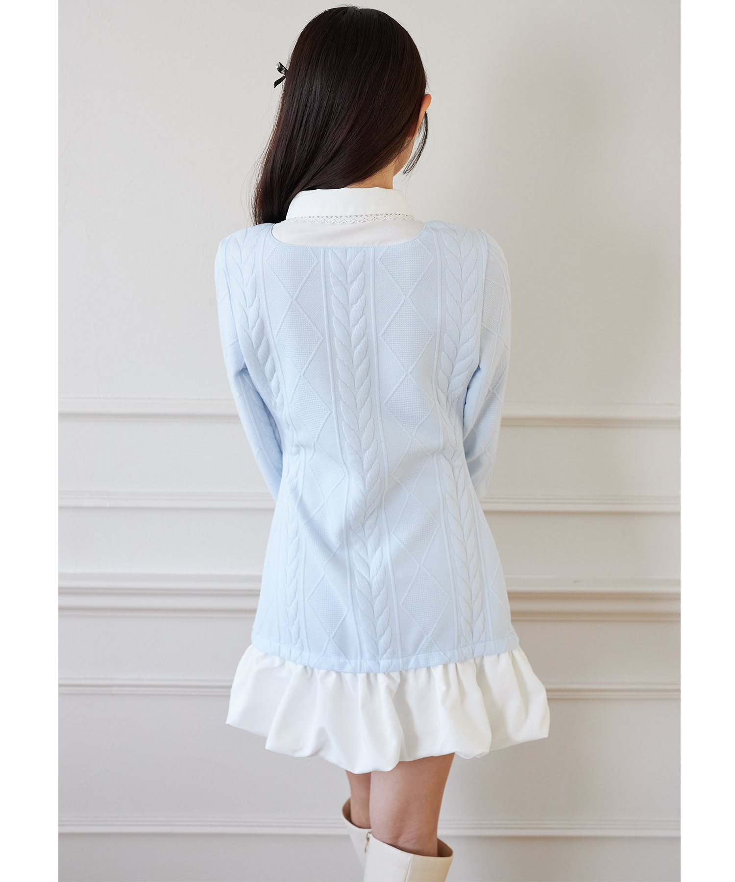 レース装飾シャツドッキングバルーンワンピース