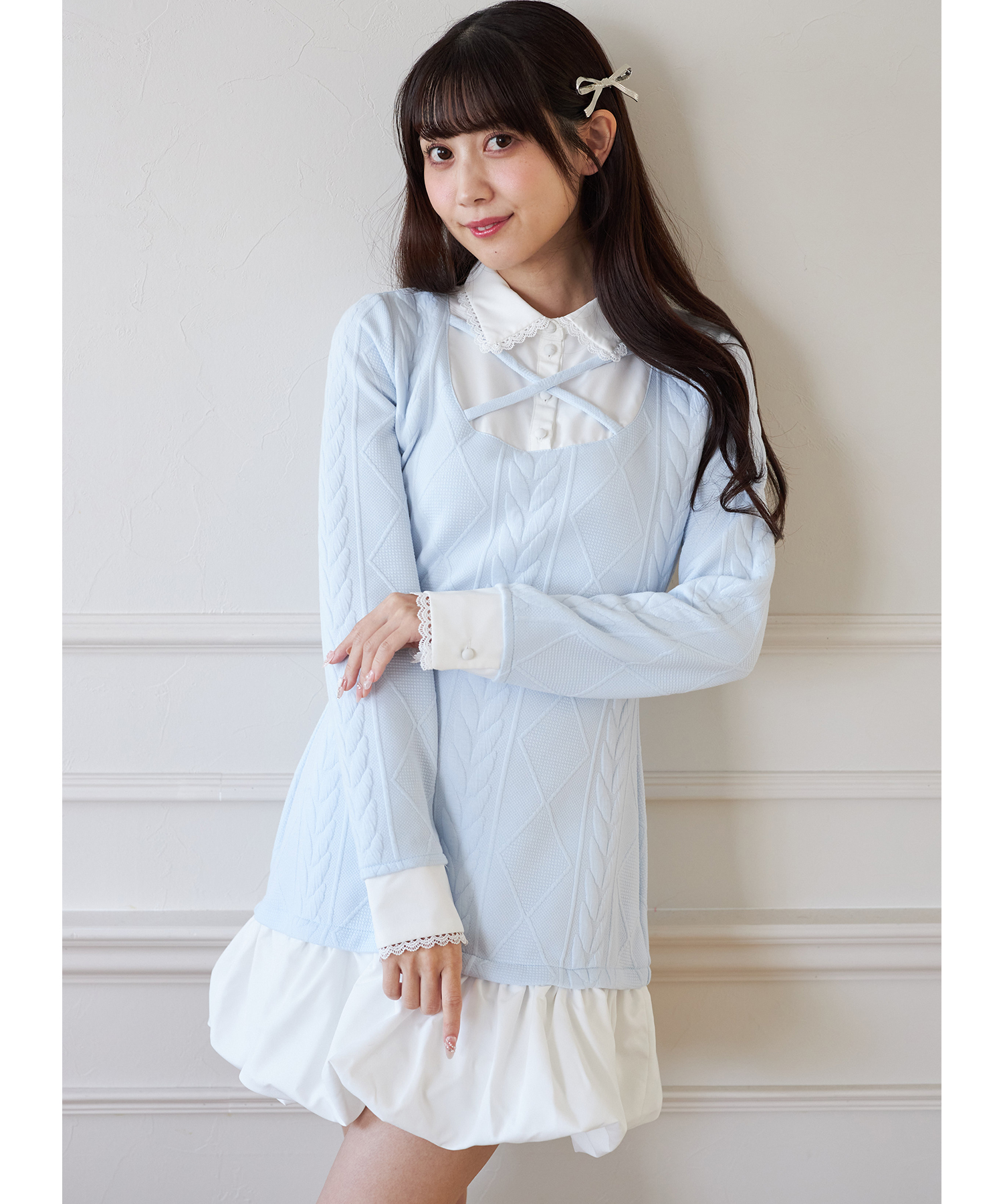 レース装飾シャツドッキングバルーンワンピース