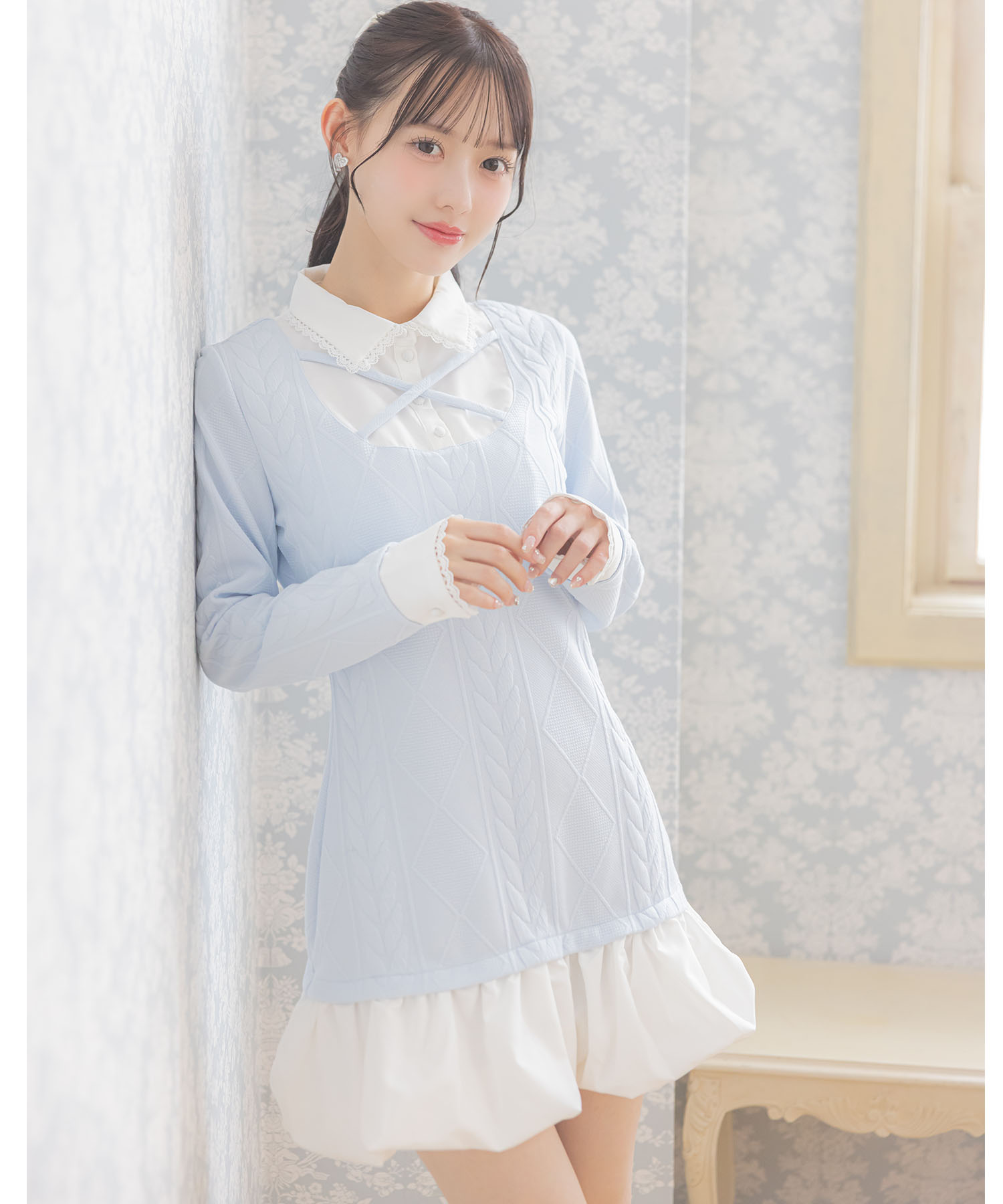 レース装飾シャツドッキングバルーンワンピース