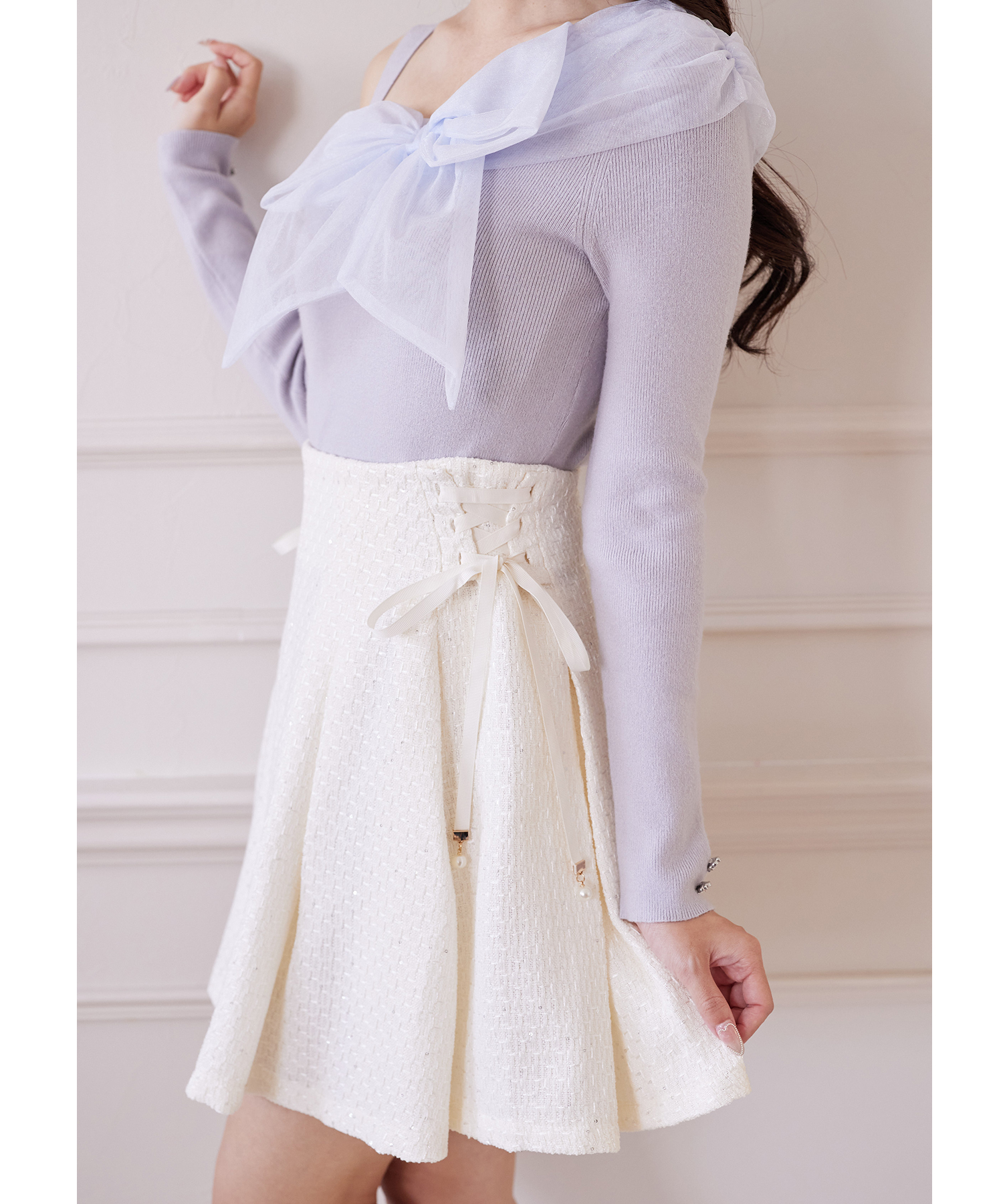 インナーパンツ付きサイドレースアップスパンコールツイードタック